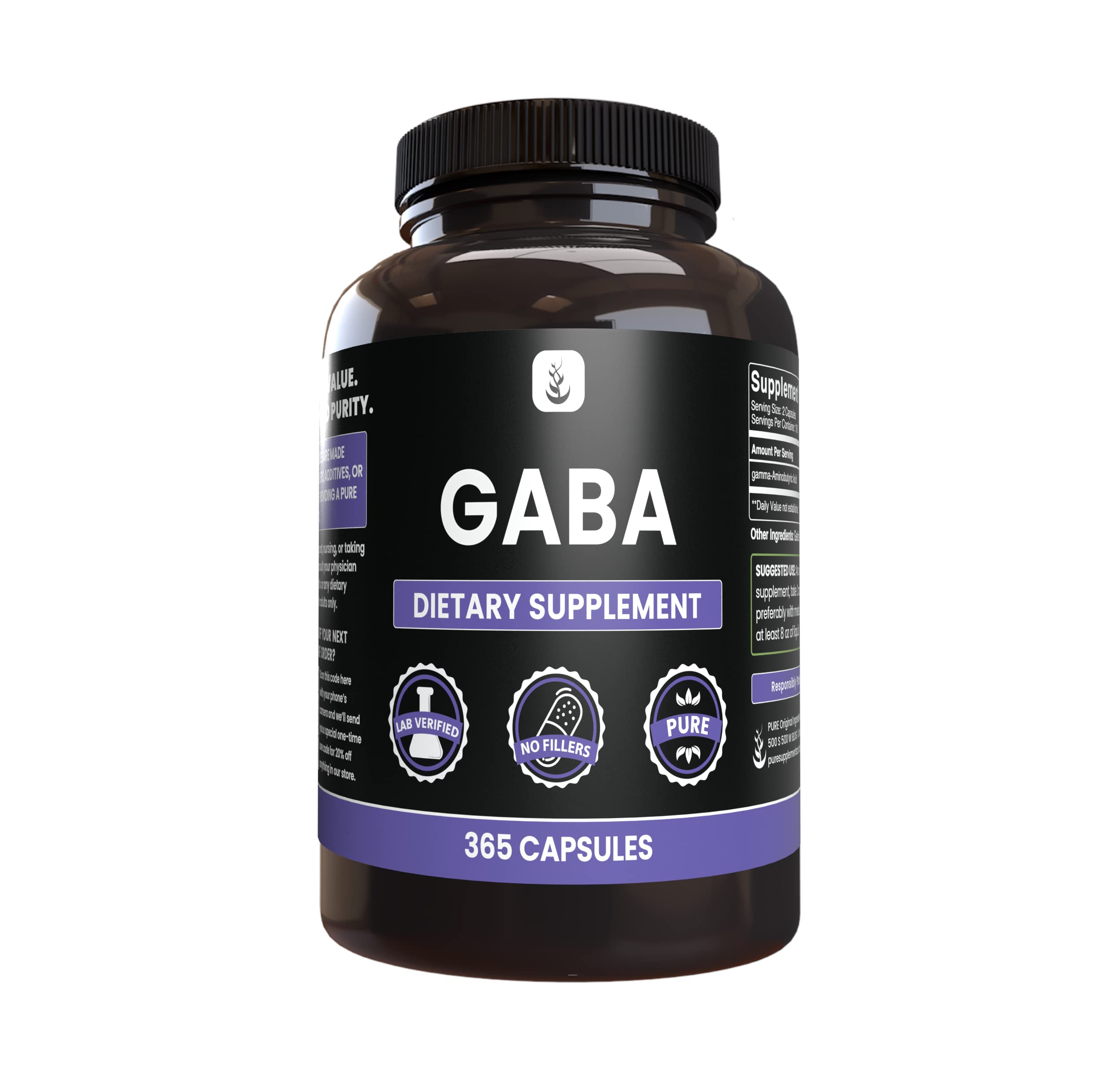 PURE ORIGINAL INGREDIENTS GABA Capsules 180 count front view