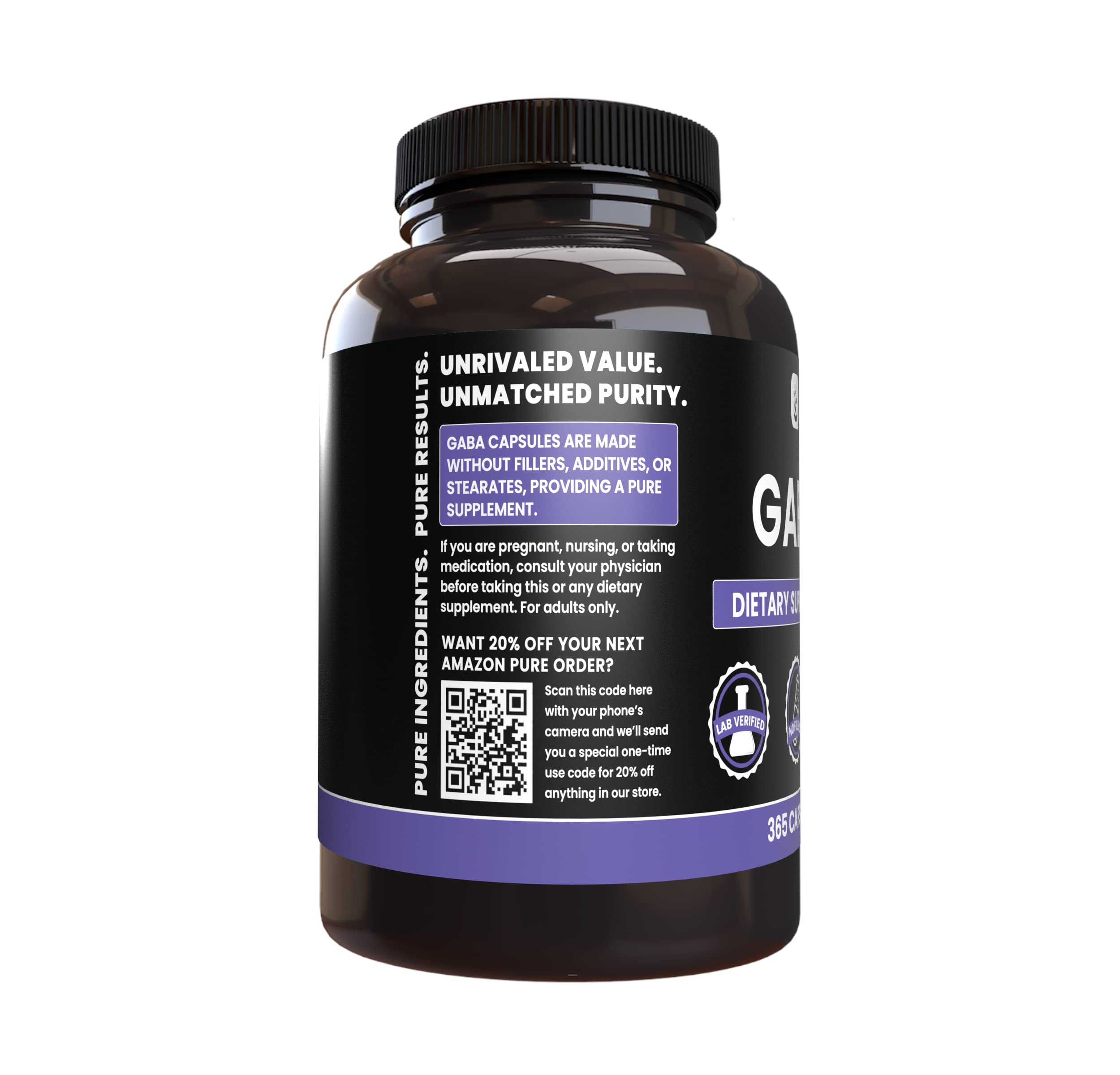 PURE ORIGINAL INGREDIENTS GABA Capsules side view with packaging