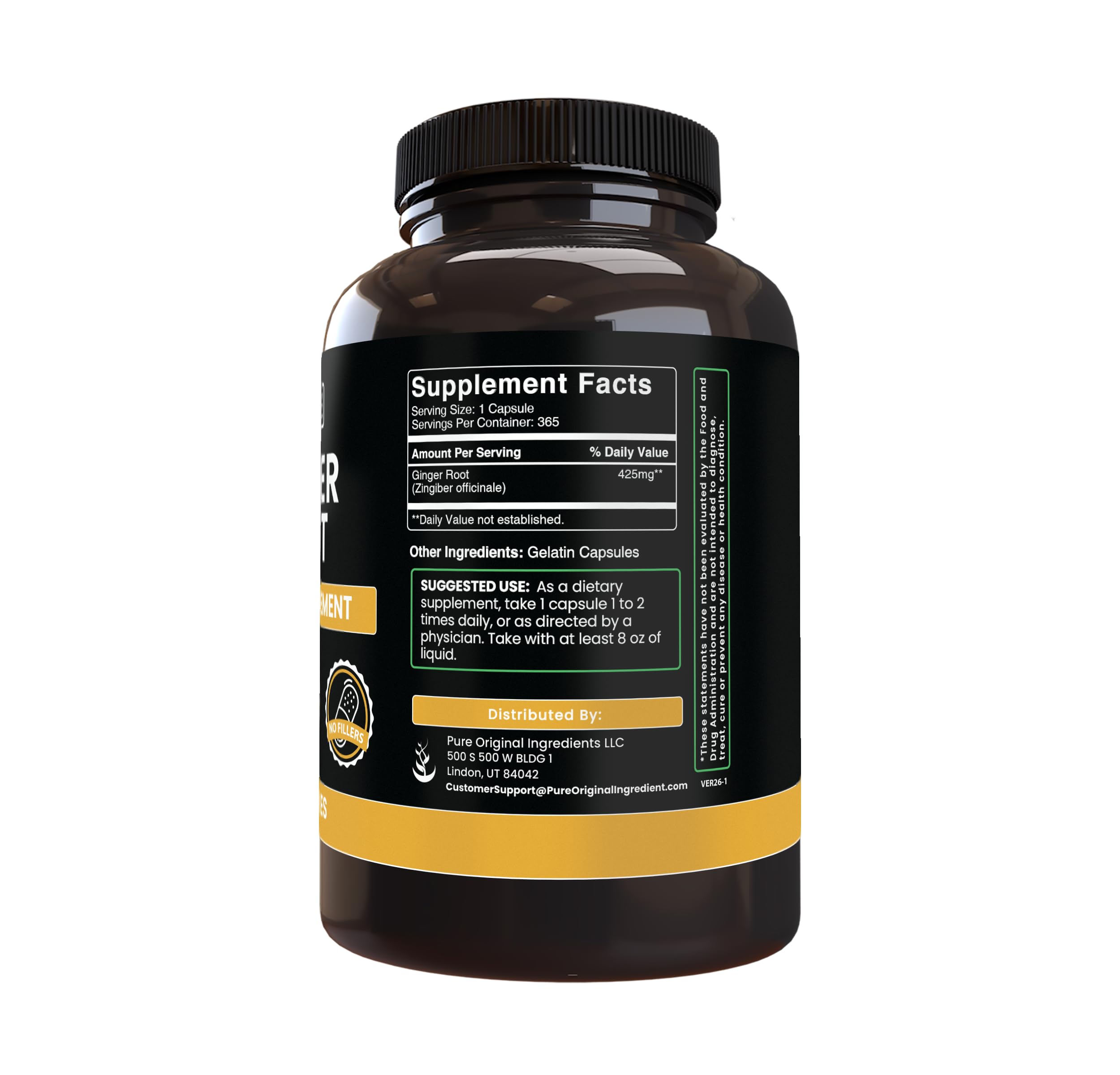 PURE ORIGINAL INGREDIENTS Ginger Root Capsules side view