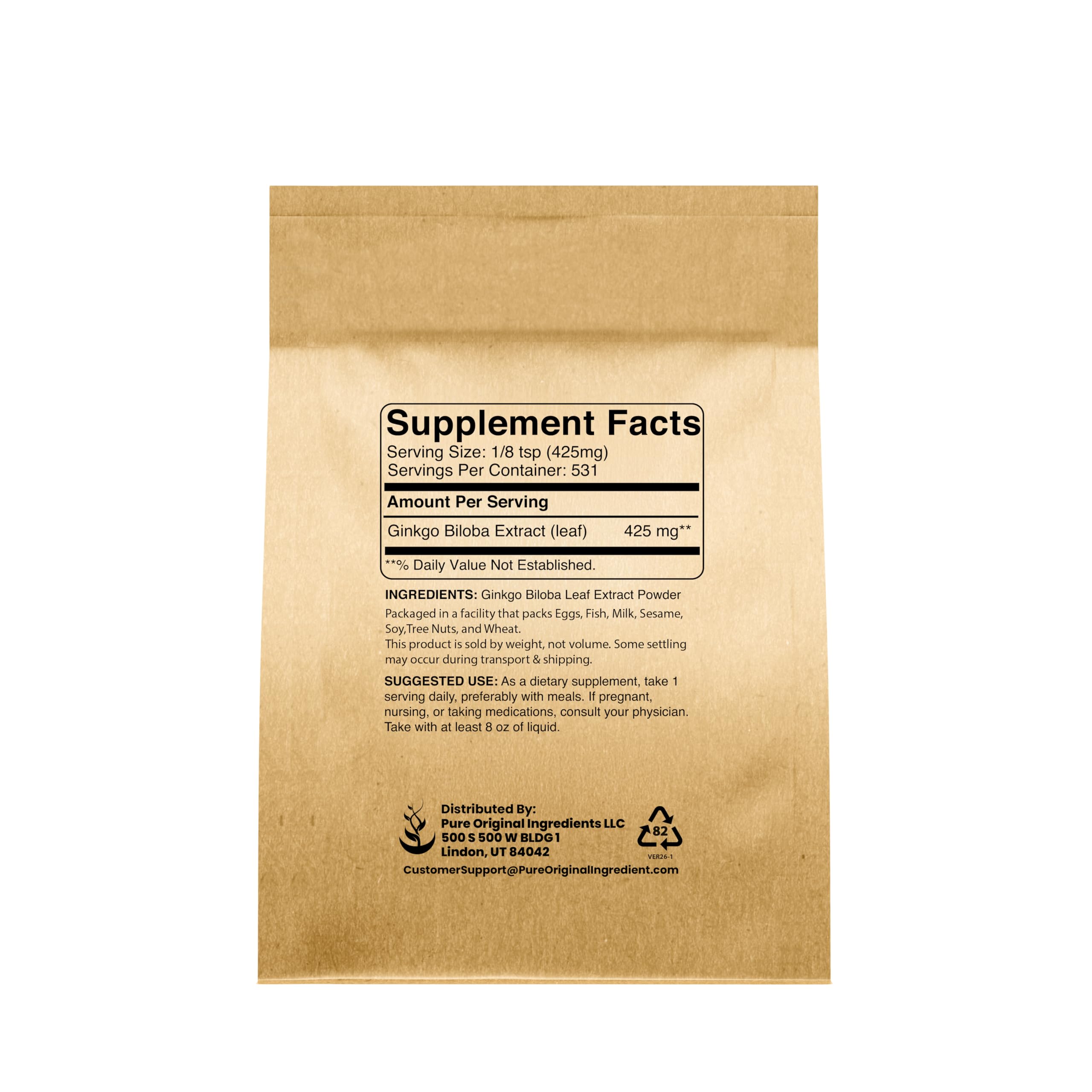 PURE ORIGINAL INGREDIENTS Ginkgo Biloba Powder side view with dimensions