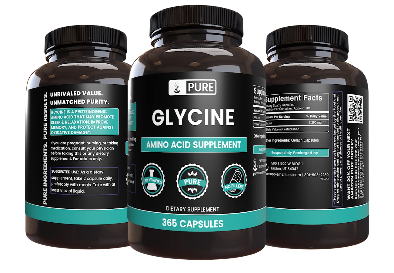PURE ORIGINAL INGREDIENTS Glycine Capsules bottle side view
