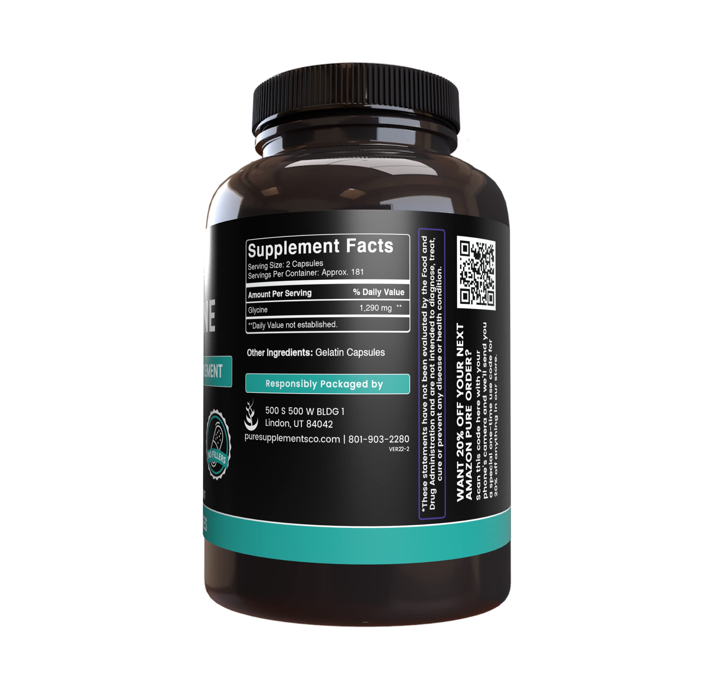 PURE ORIGINAL INGREDIENTS Glycine Capsules on a wooden table