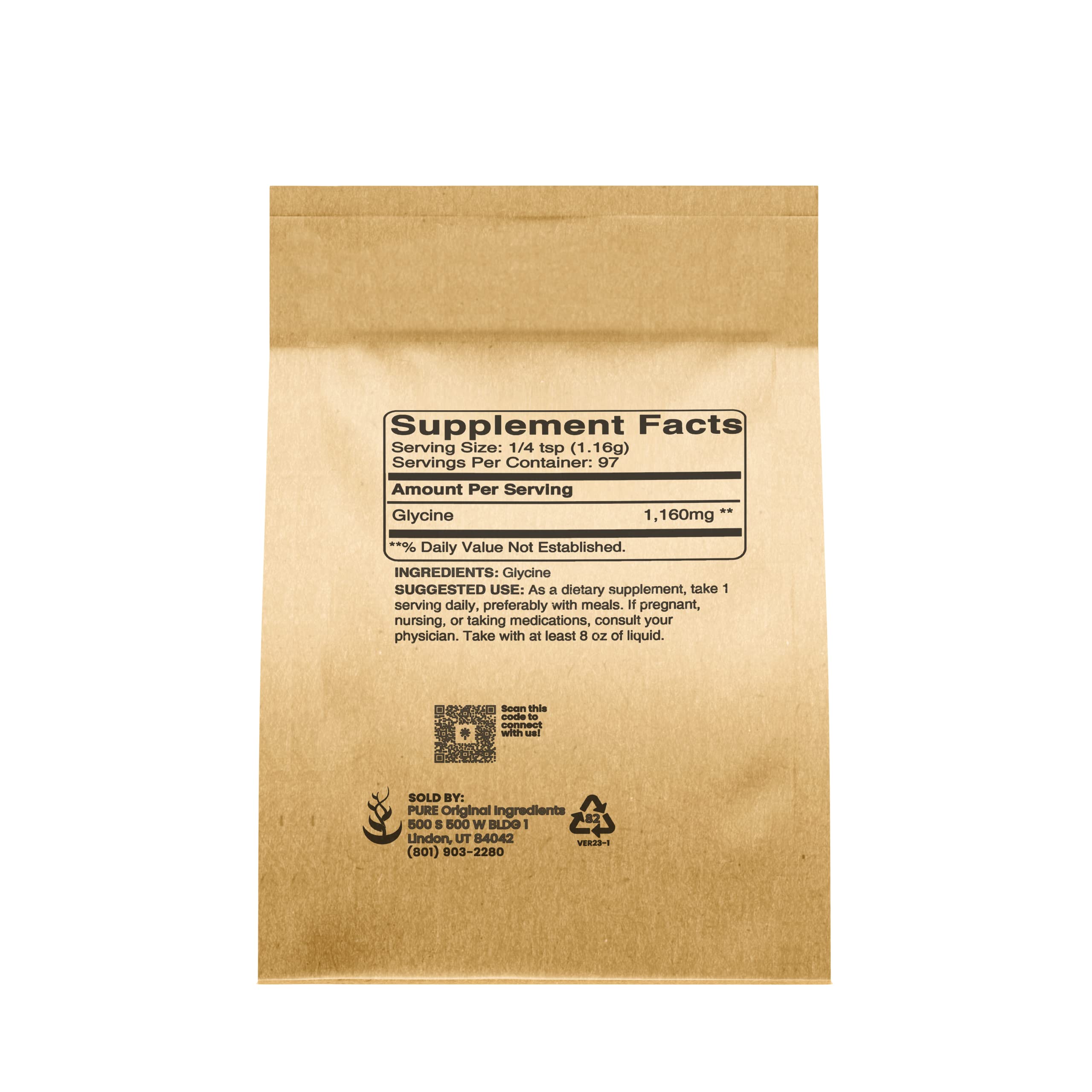 PURE ORIGINAL INGREDIENTS Glycine Powder 4 Oz packaging