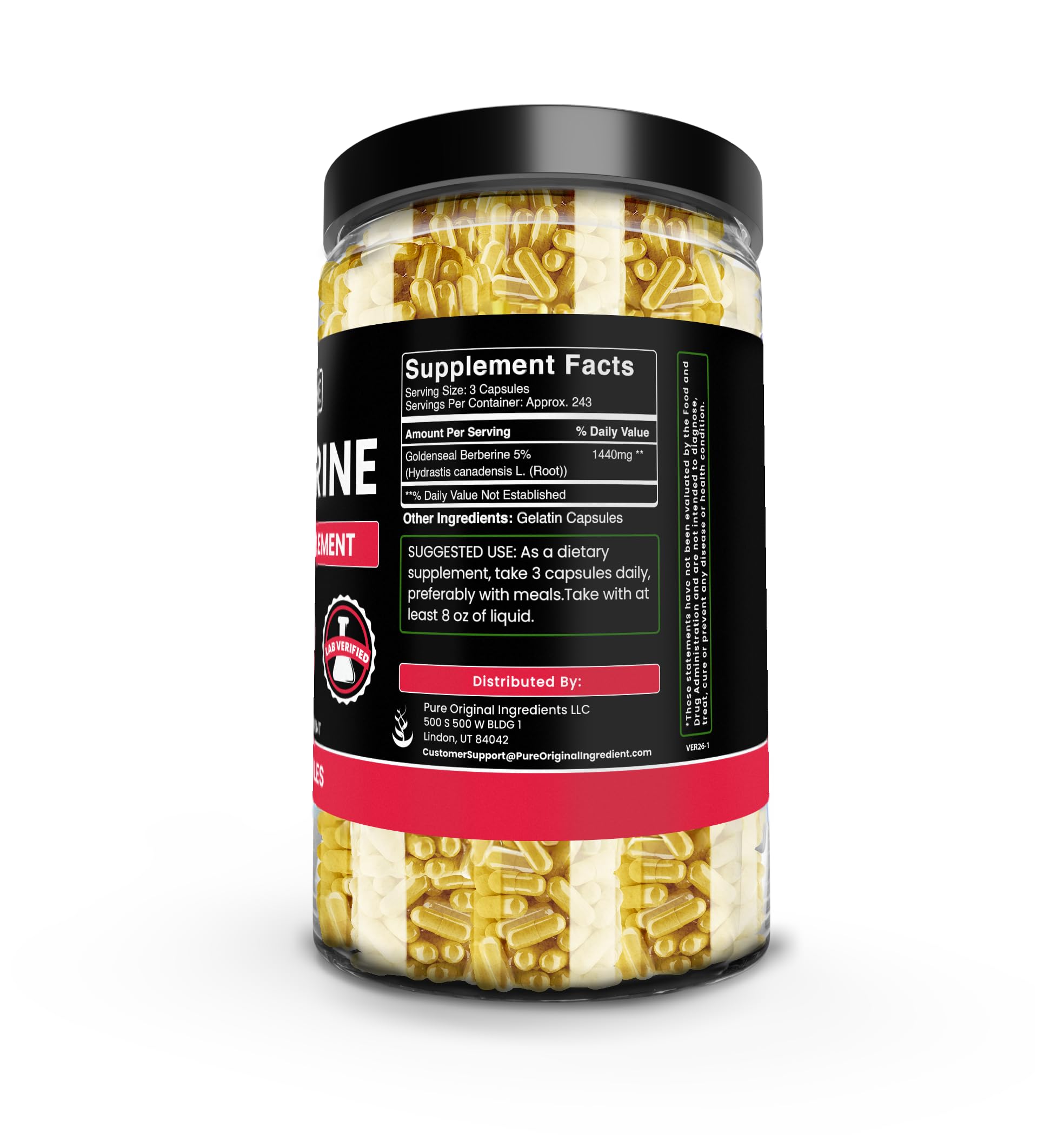 PURE ORIGINAL INGREDIENTS Goldenseal Berberine Capsules side view