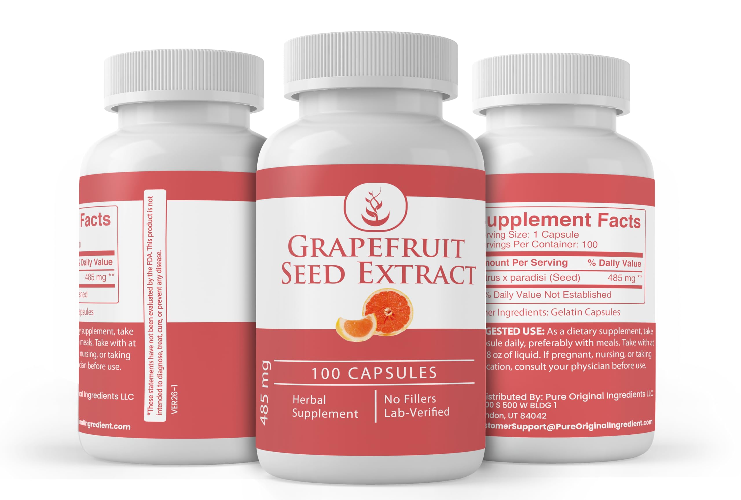 PURE ORIGINAL INGREDIENTS Grapefruit Seed Extract Capsules on a wooden surface
