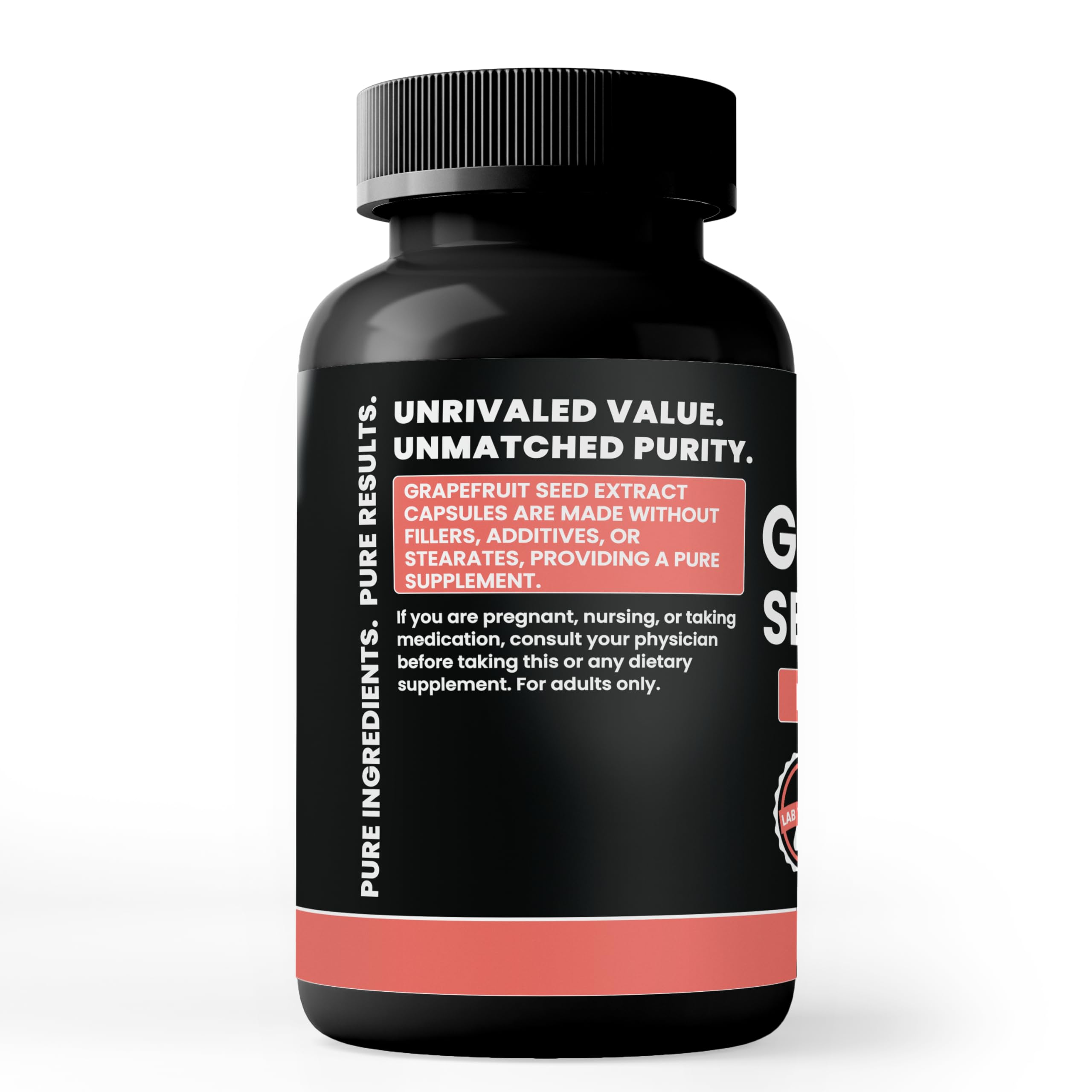 PURE ORIGINAL INGREDIENTS Grapefruit Seed Extract Capsules opened bottle with capsules