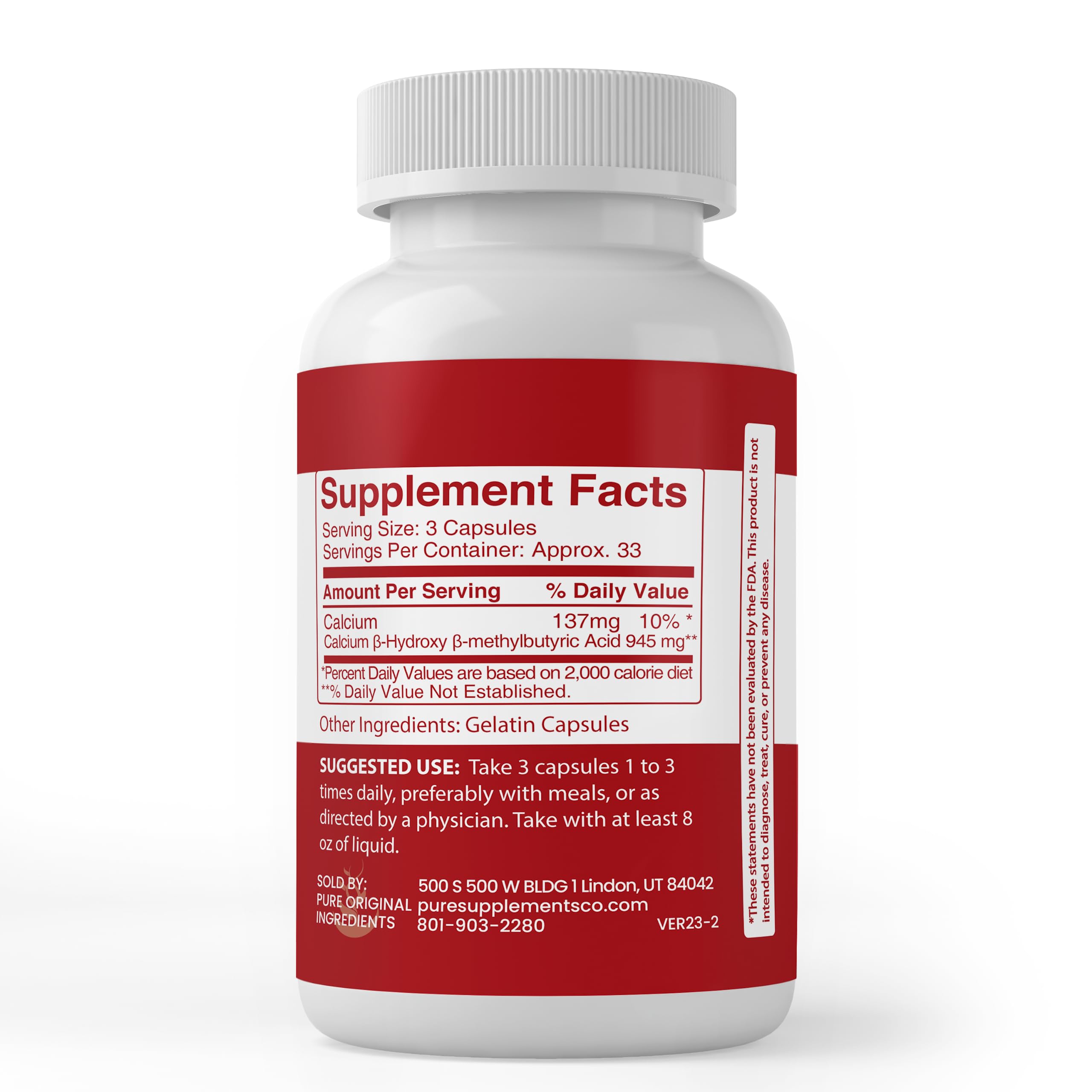 PURE ORIGINAL INGREDIENTS HMB Capsules with dosage information