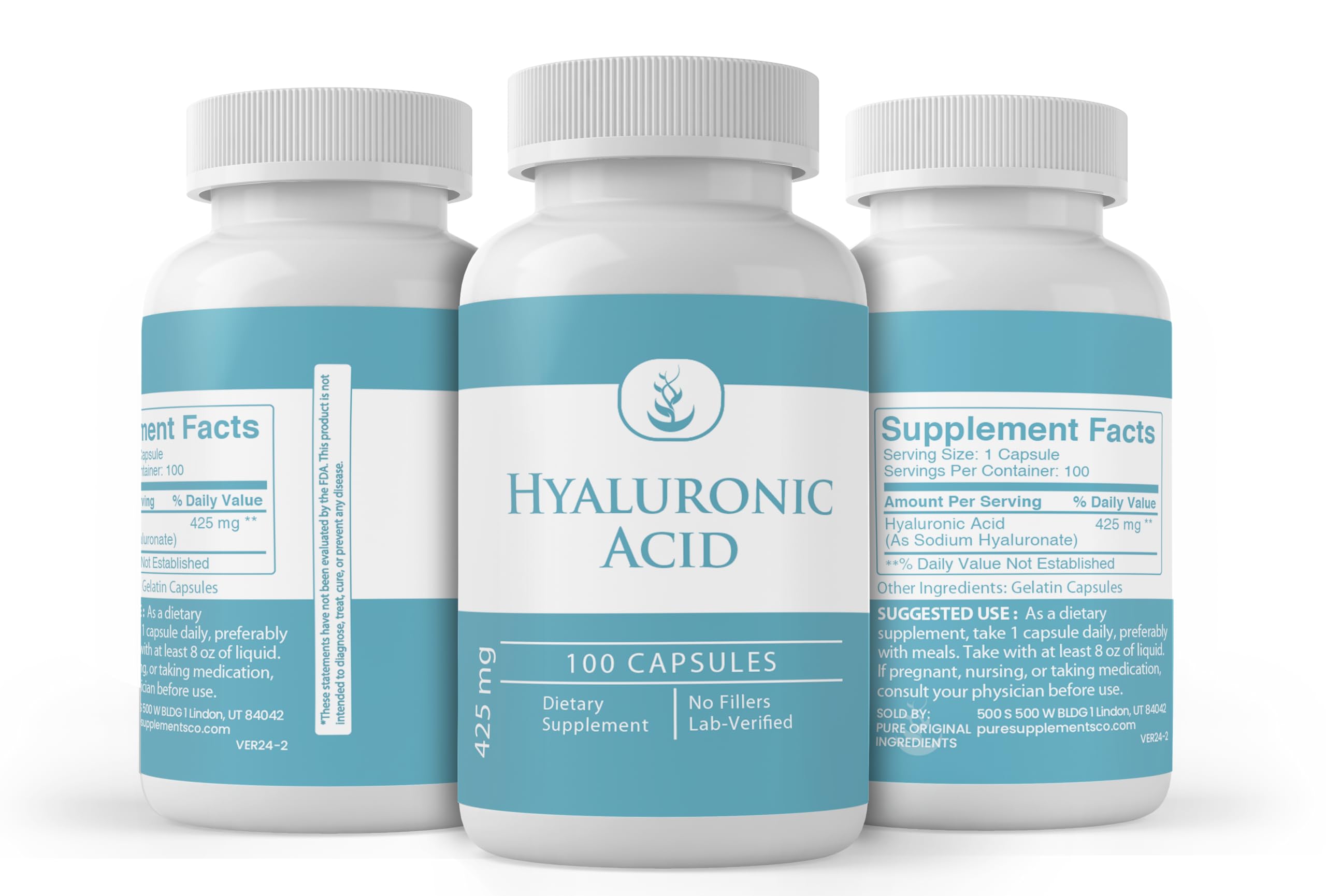 PURE ORIGINAL INGREDIENTS Hyaluronic Acid Capsules close-up showing the capsules