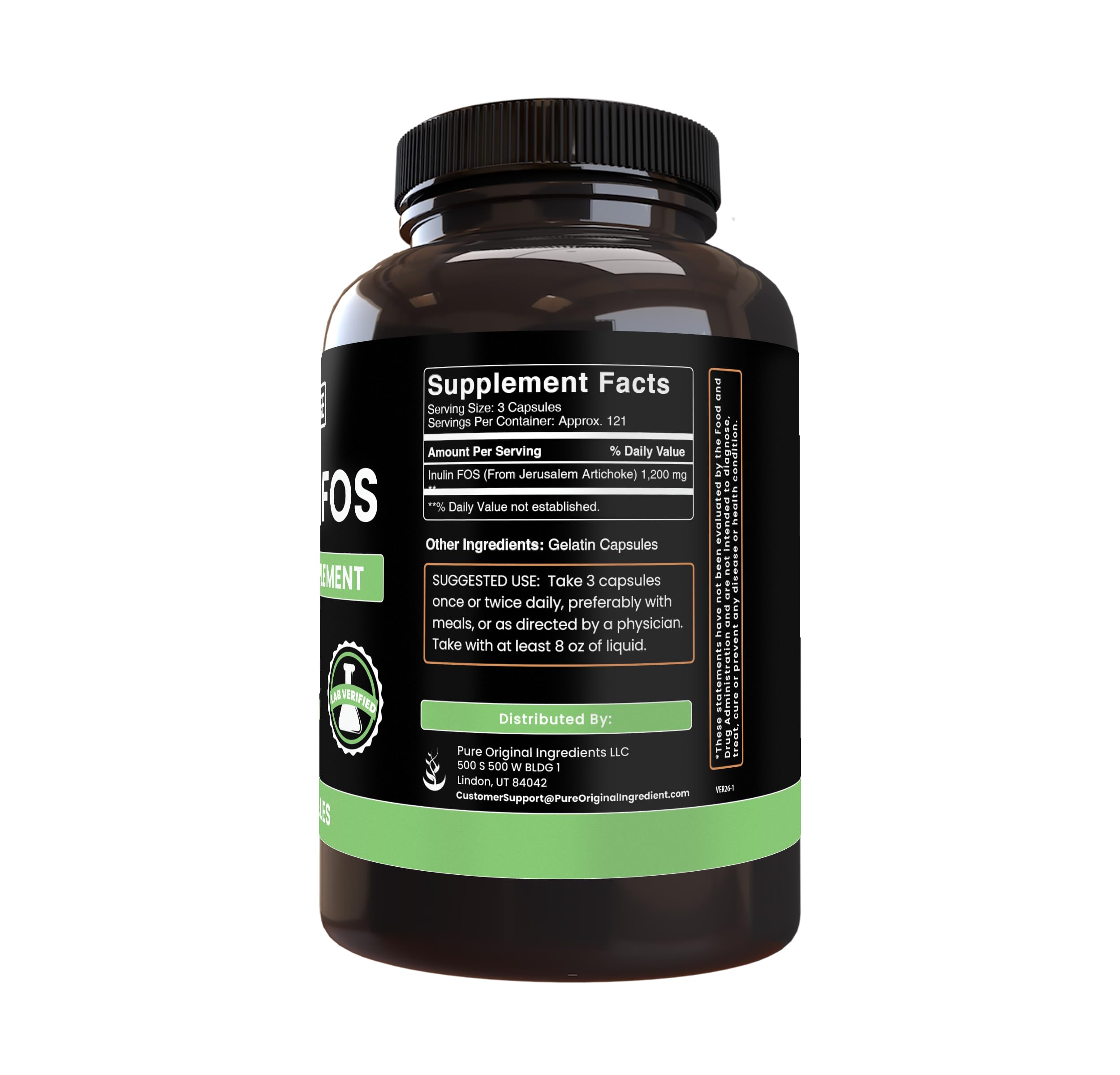 PURE ORIGINAL INGREDIENTS Inulin Capsules side view with label