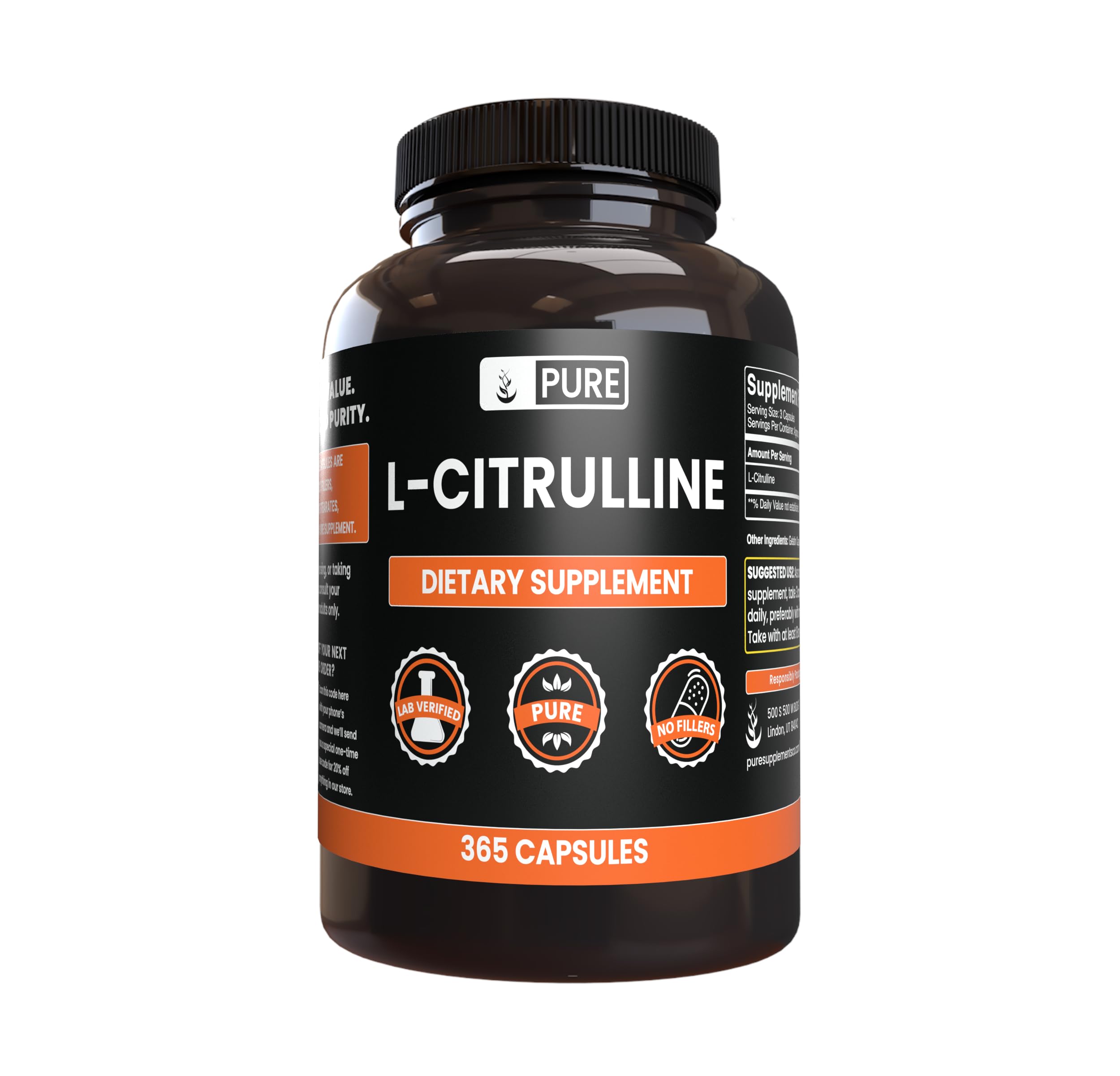 PURE ORIGINAL INGREDIENTS L-Citrulline Capsules front view with packaging