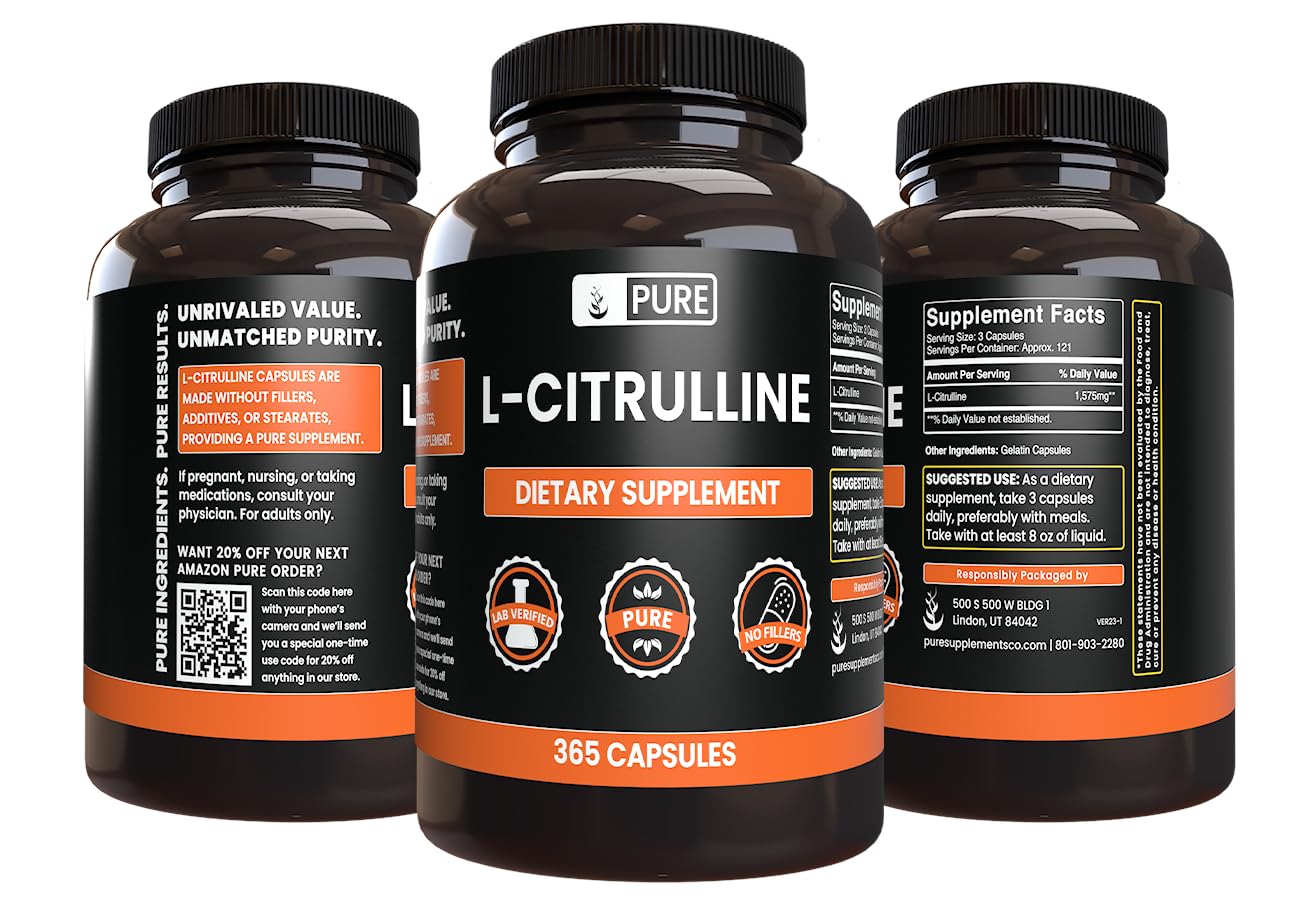 PURE ORIGINAL INGREDIENTS L-Citrulline Capsules on a wooden table
