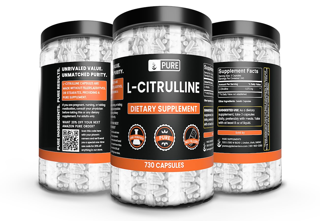 PURE ORIGINAL INGREDIENTS L-Citrulline Capsules on a wooden table