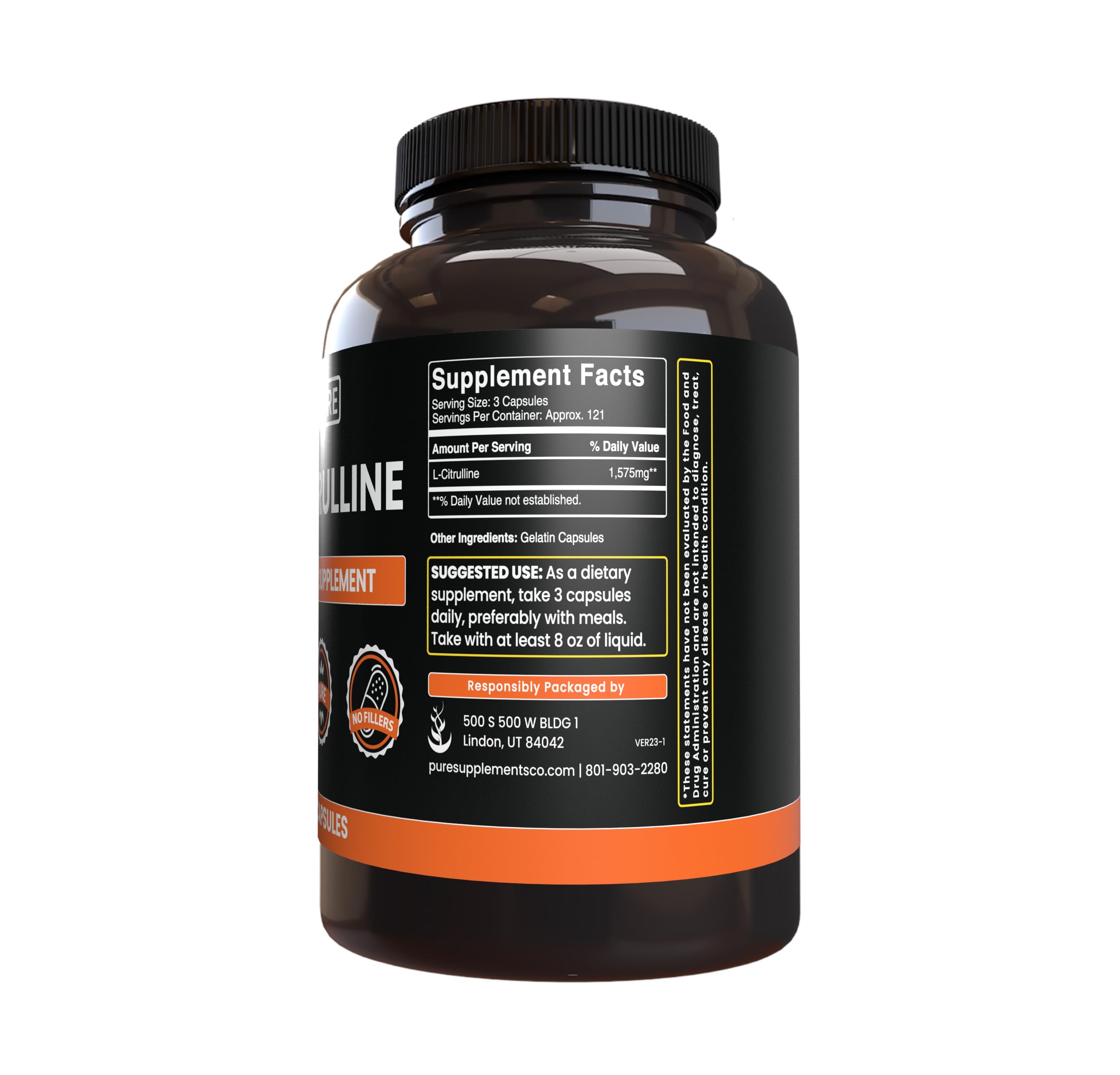 PURE ORIGINAL INGREDIENTS L-Citrulline Capsules side view with label