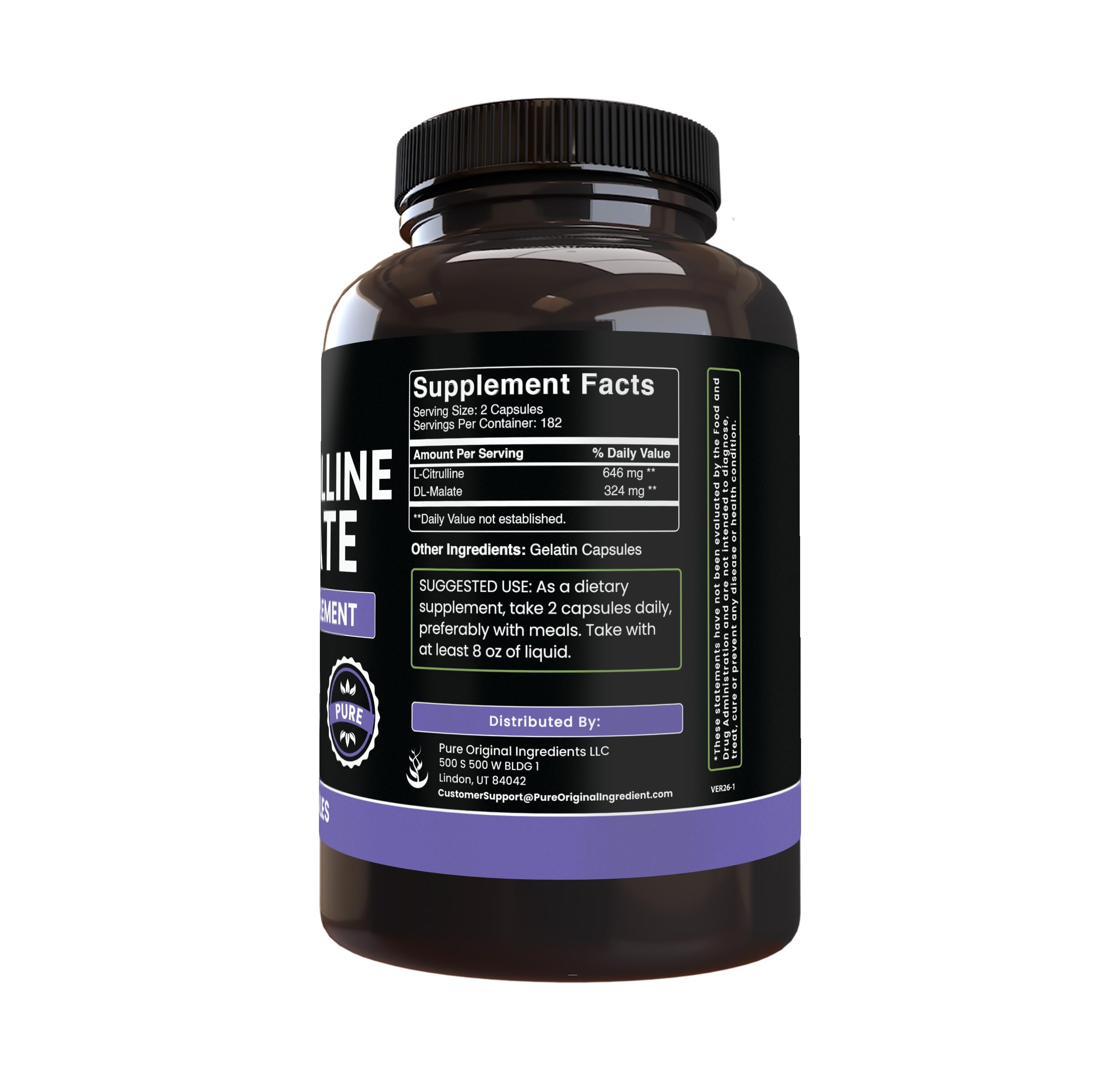 PURE ORIGINAL INGREDIENTS L-Citrulline DL-Malate Capsules bottle side view