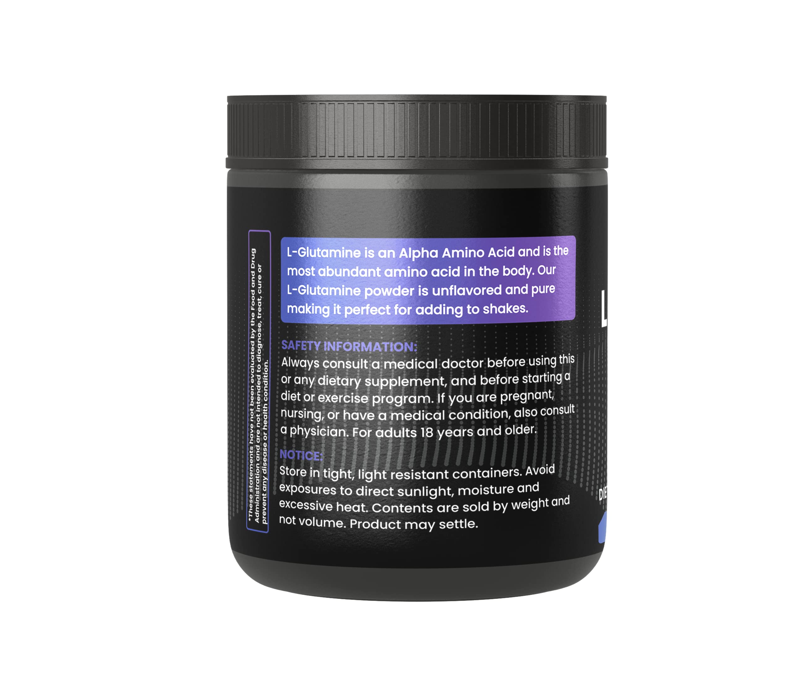 PURE ORIGINAL INGREDIENTS L-Glutamine Powder packaging side view