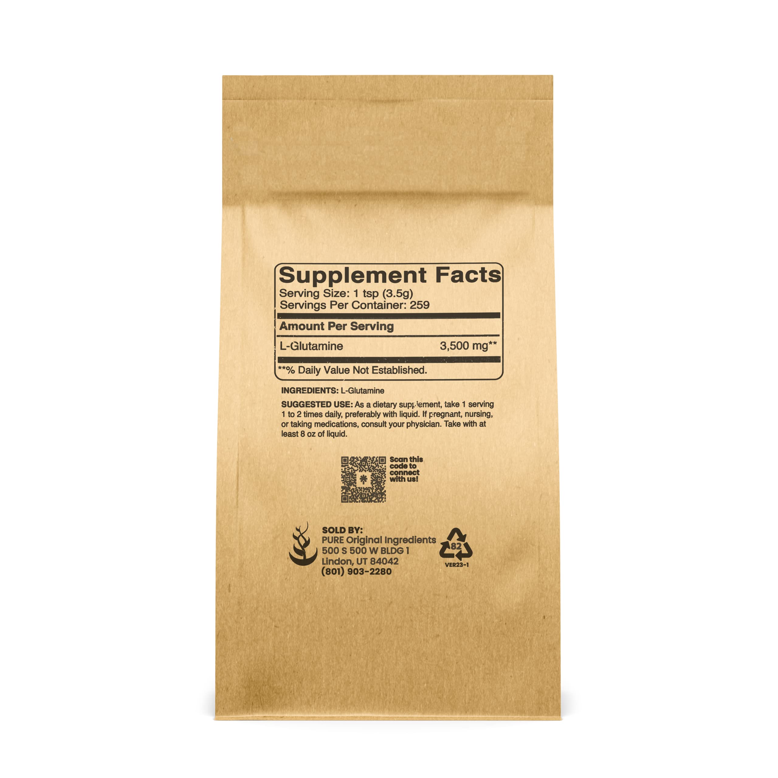 PURE ORIGINAL INGREDIENTS L-Glutamine Powder side view with scoop