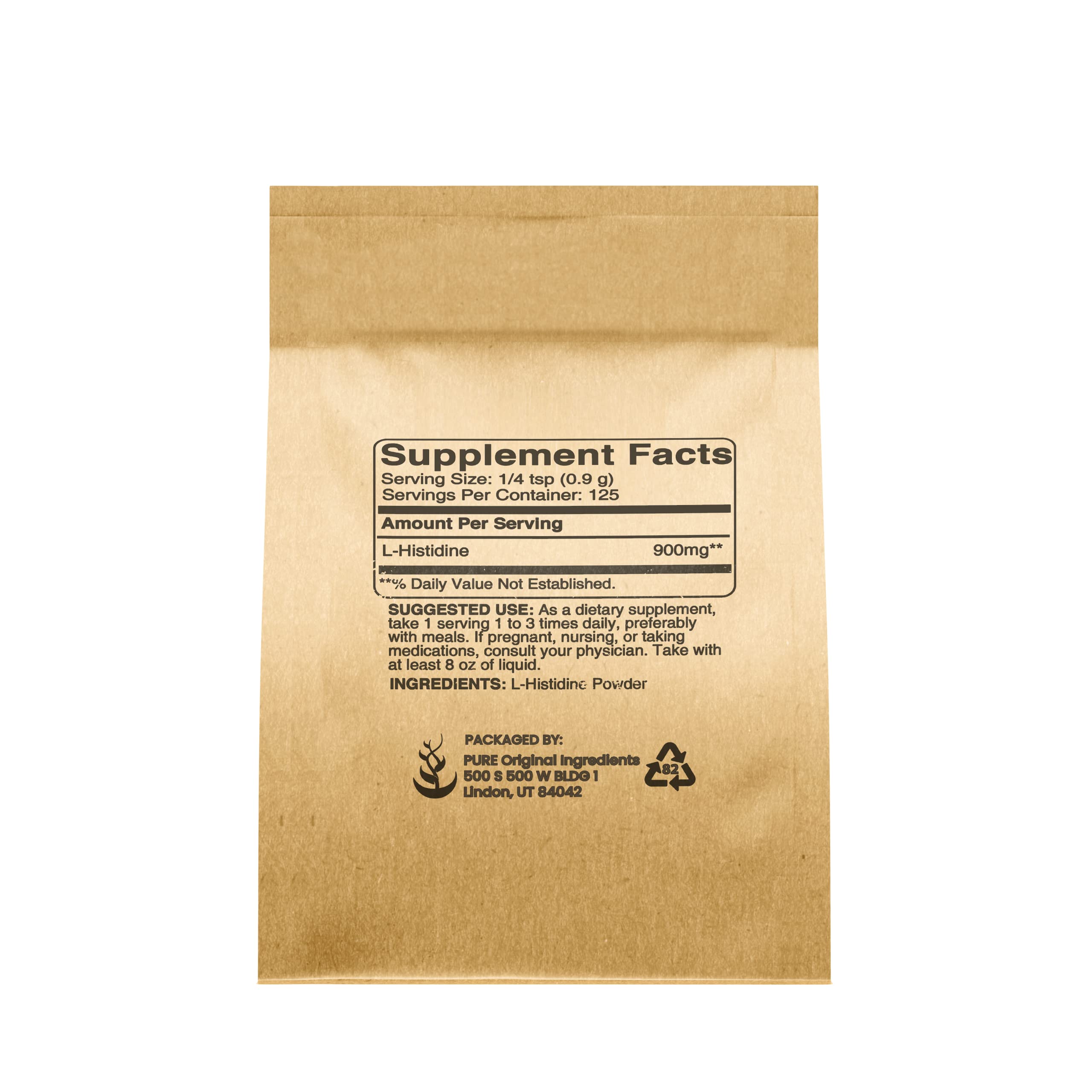 PURE ORIGINAL INGREDIENTS L-Histidine Powder side view with label
