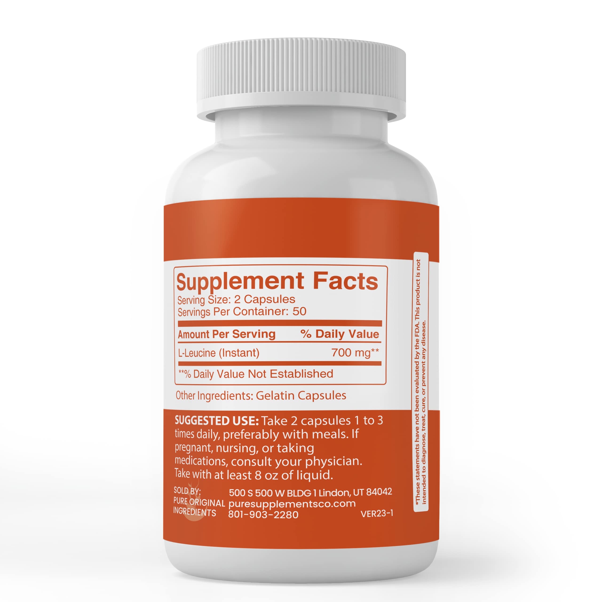 PURE ORIGINAL INGREDIENTS L-Leucine Capsules bottle with label