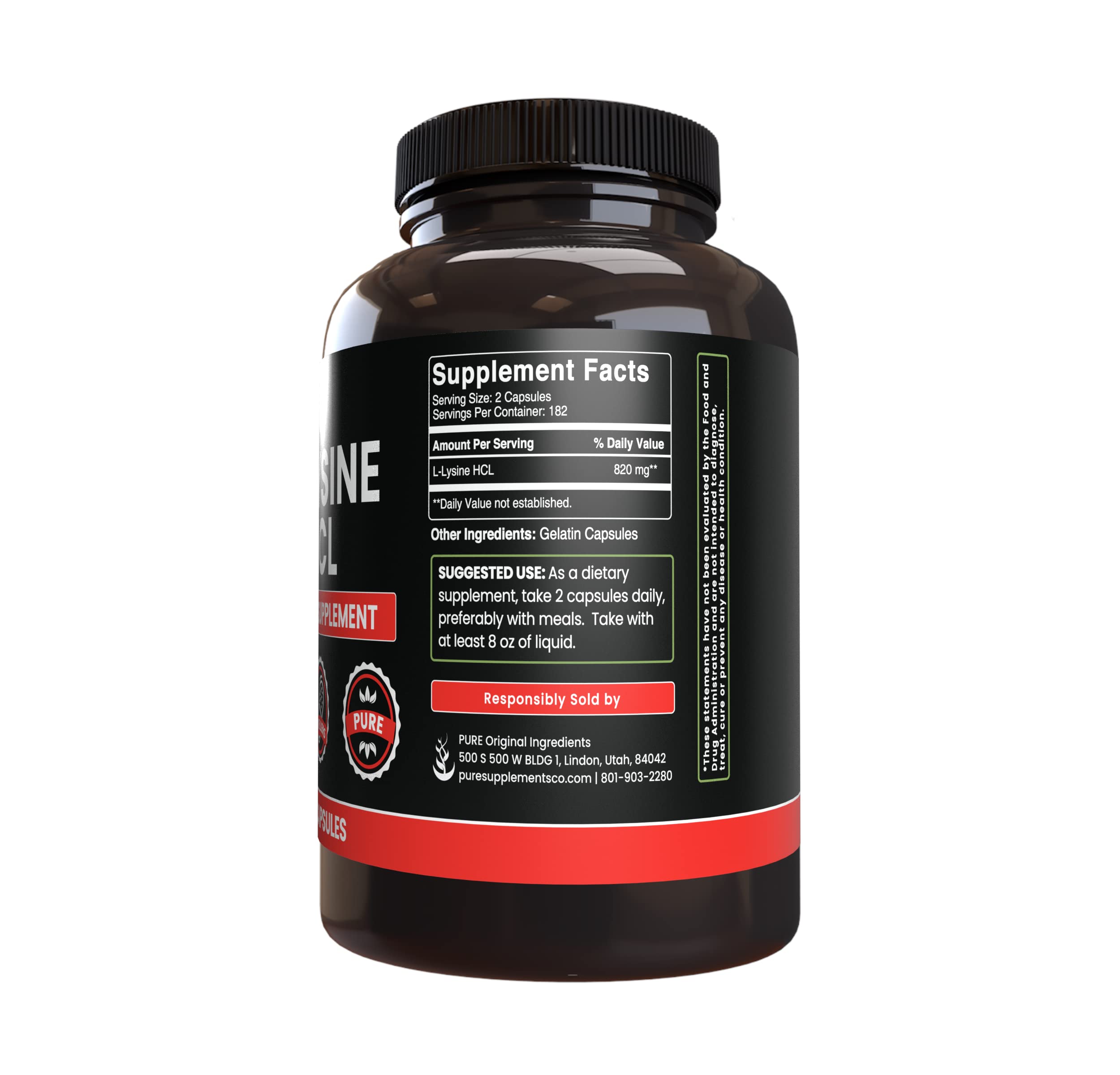 PURE ORIGINAL INGREDIENTS L-Lysine HCL Capsules bottle with label