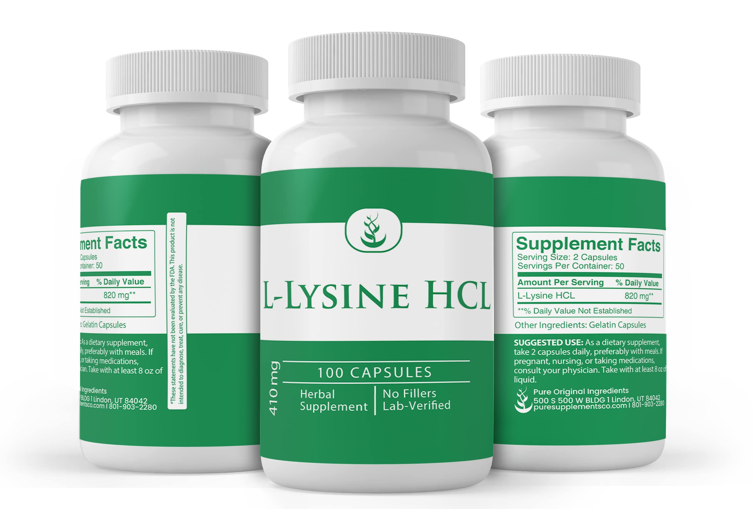 PURE ORIGINAL INGREDIENTS L-Lysine HCL Capsules with dosage information