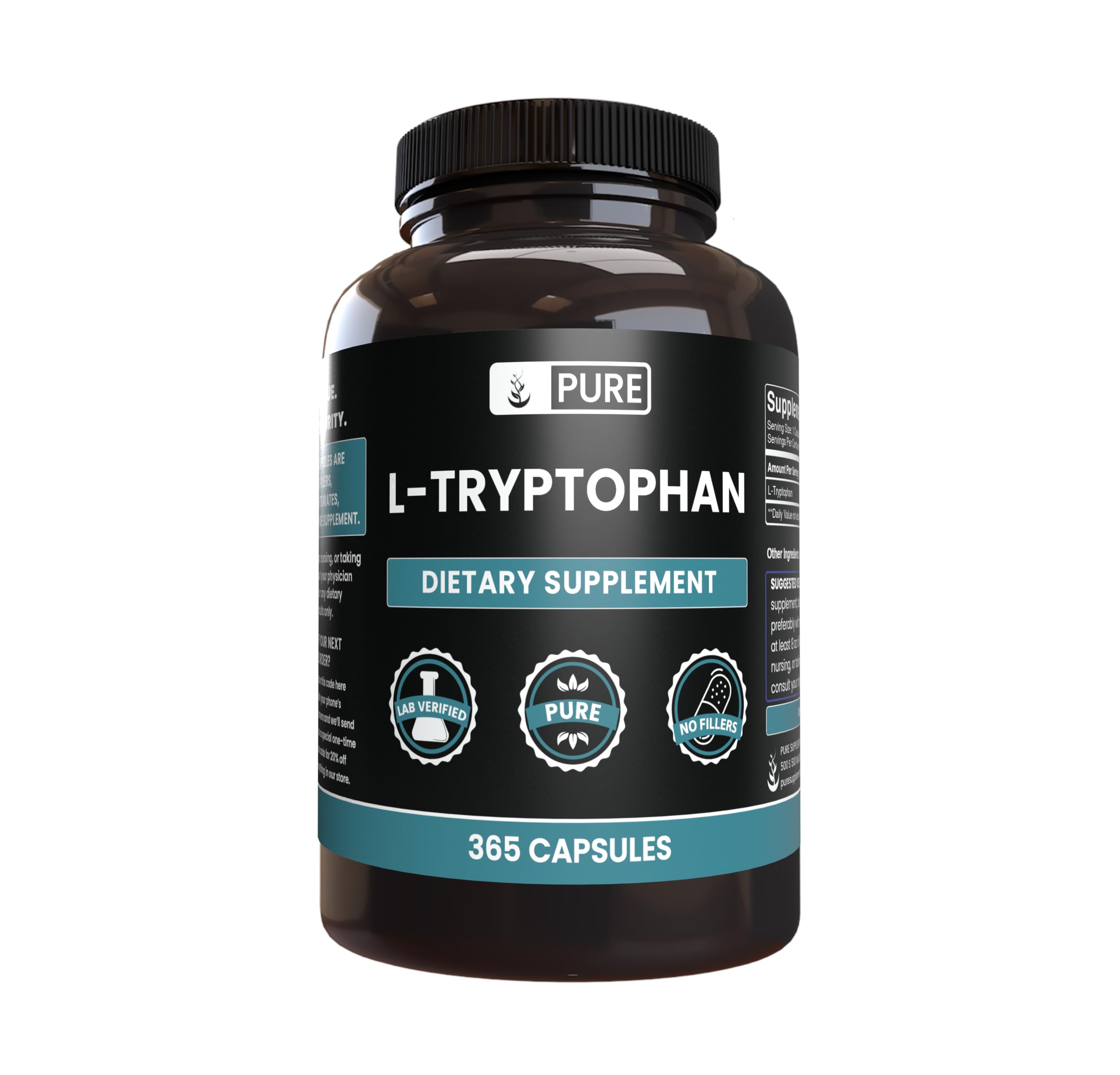 PURE ORIGINAL INGREDIENTS L-Tryptophan Capsules 100g front view