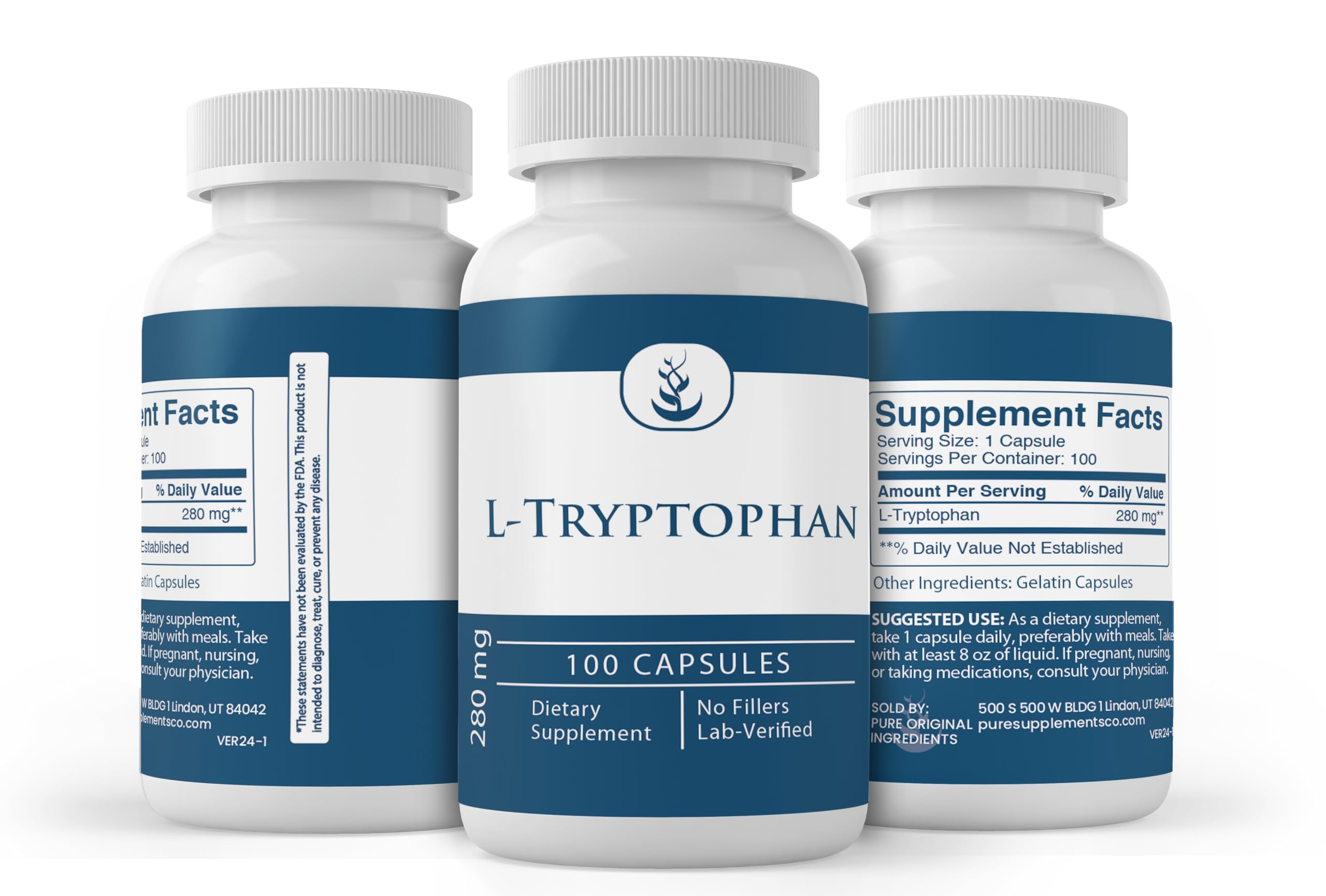 PURE ORIGINAL INGREDIENTS L-Tryptophan Capsules on a wooden table
