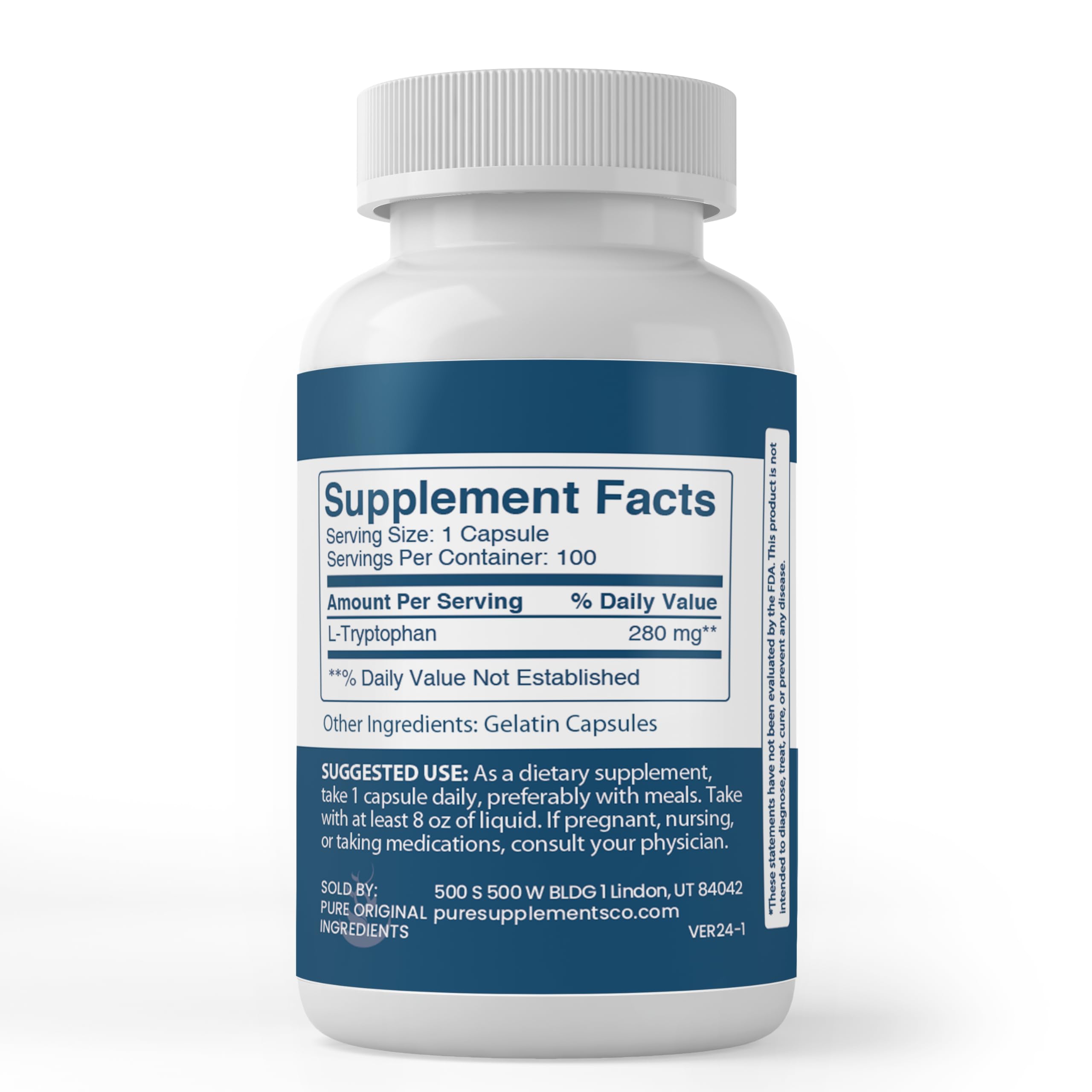 PURE ORIGINAL INGREDIENTS L-Tryptophan Capsules side view