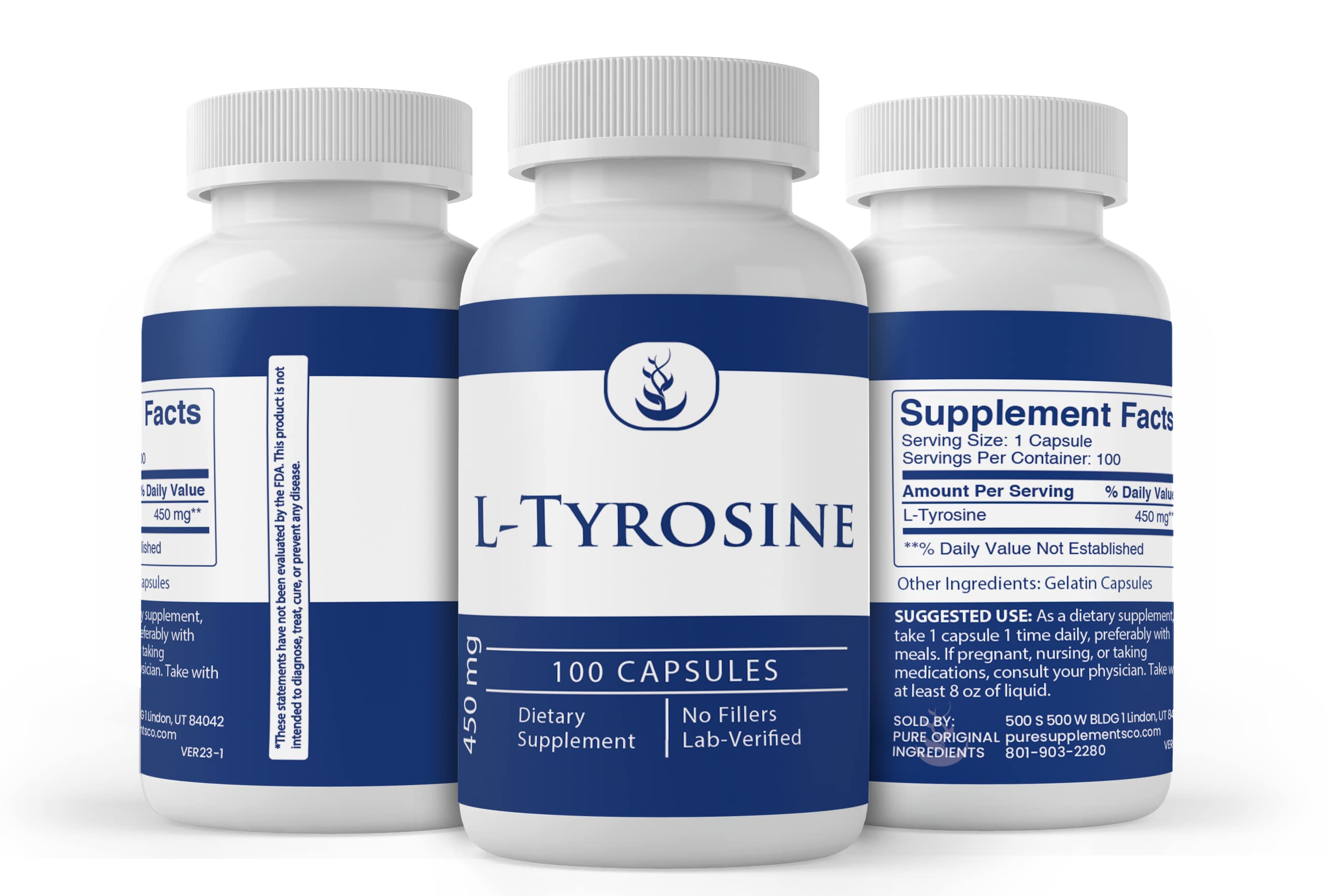 PURE ORIGINAL INGREDIENTS L-Tyrosine Capsules displayed on a wooden table