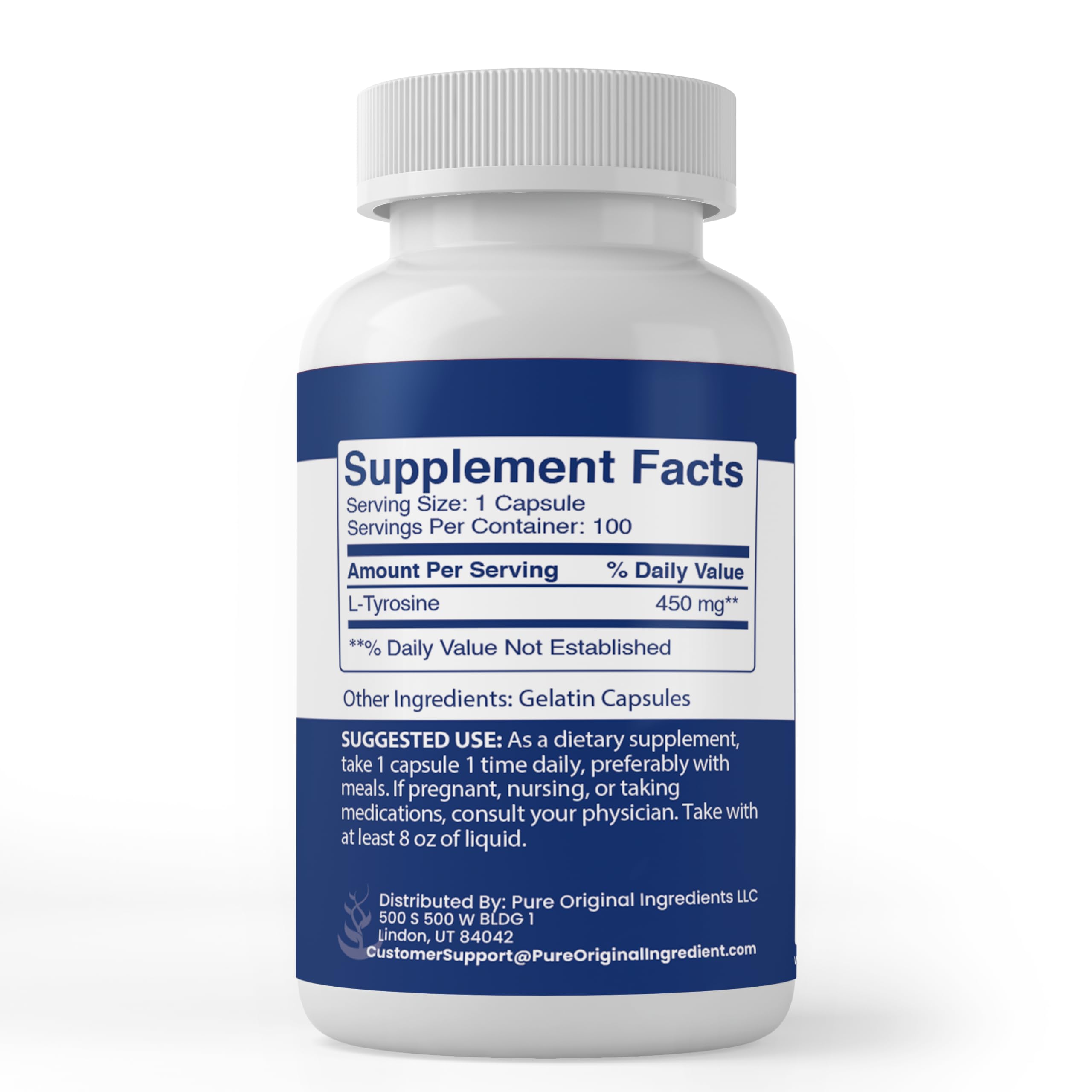 PURE ORIGINAL INGREDIENTS L-Tyrosine Capsules side view with dosage information