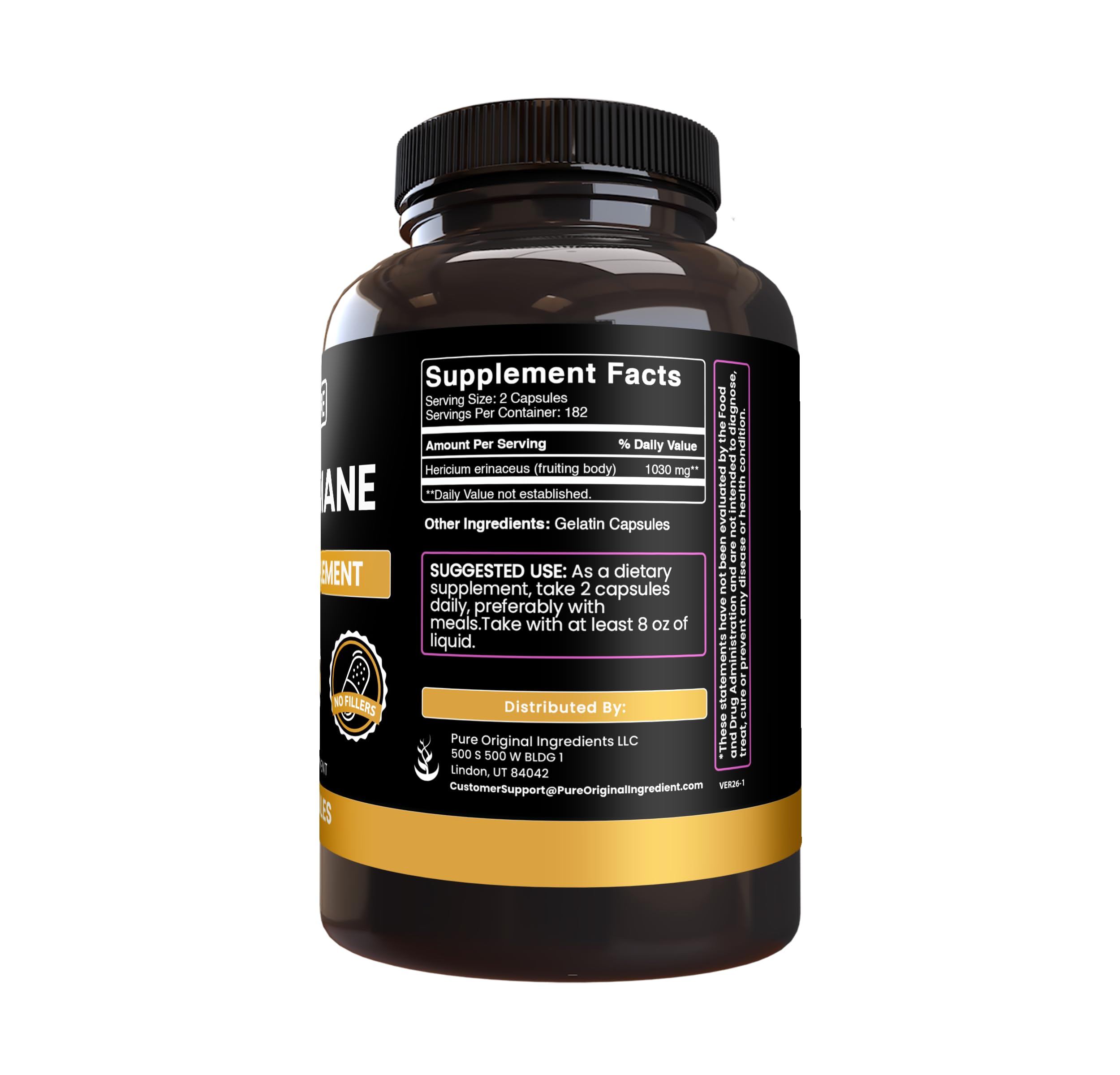 PURE ORIGINAL INGREDIENTS Lion's Mane Capsules bottle with label