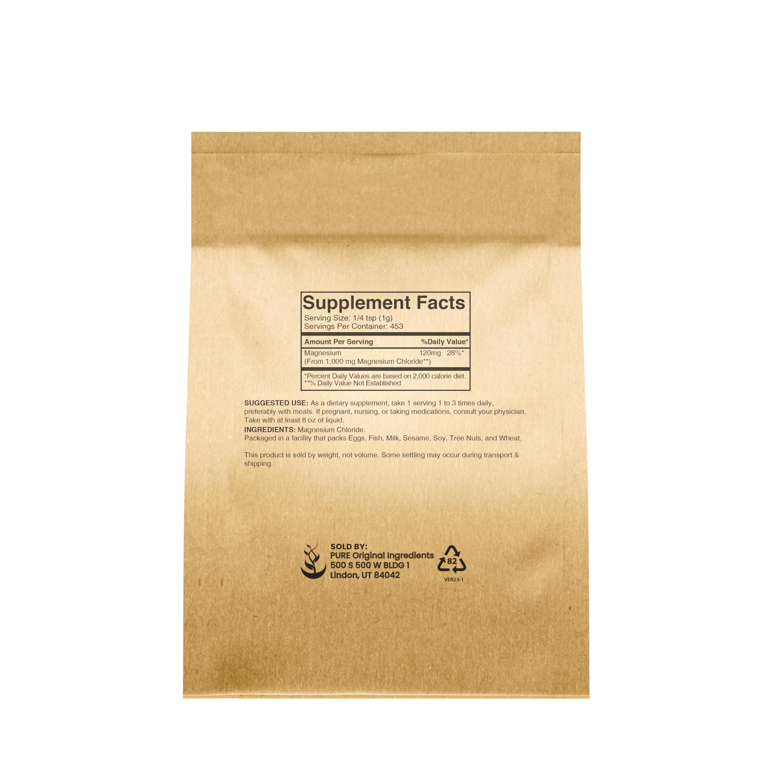 PURE ORIGINAL INGREDIENTS Magnesium Chloride Powder 450g packaging