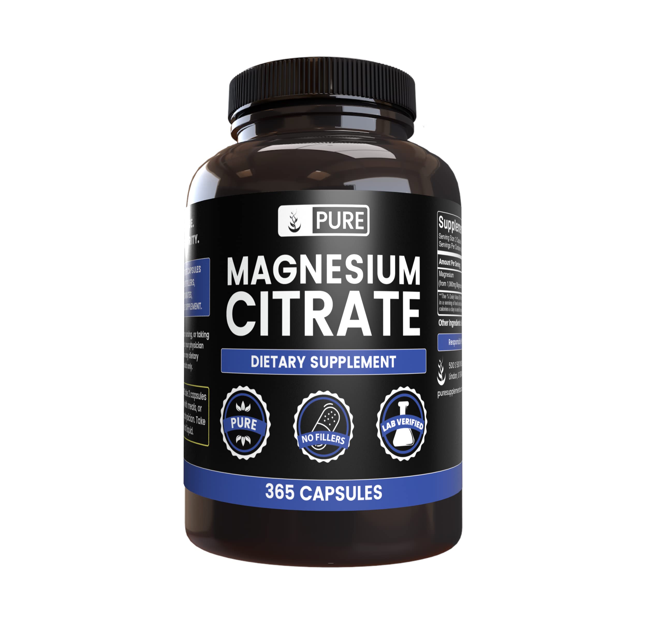 PURE ORIGINAL INGREDIENTS Magnesium Citrate Capsules 180 count front view
