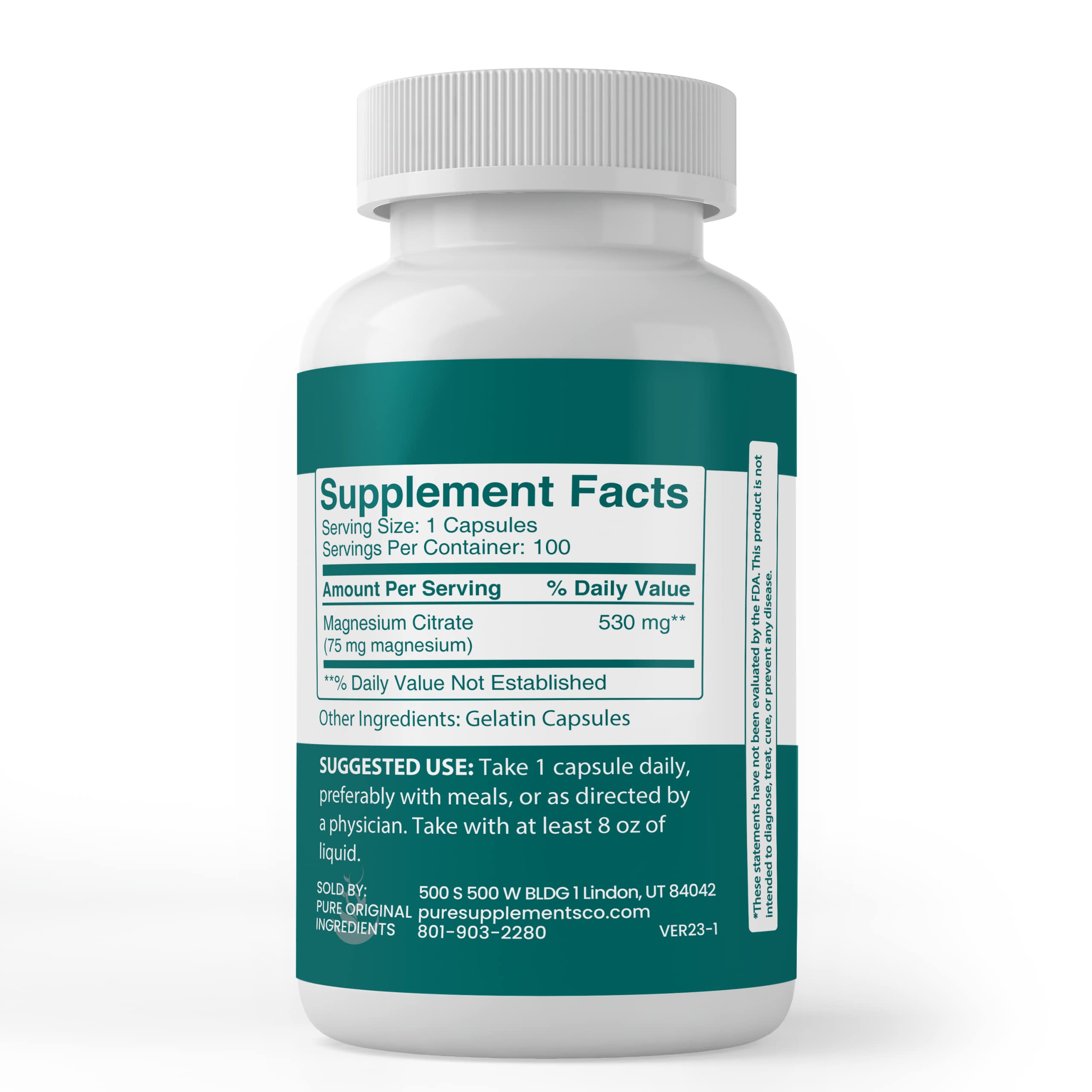 PURE ORIGINAL INGREDIENTS Magnesium Citrate Capsules bottle with label