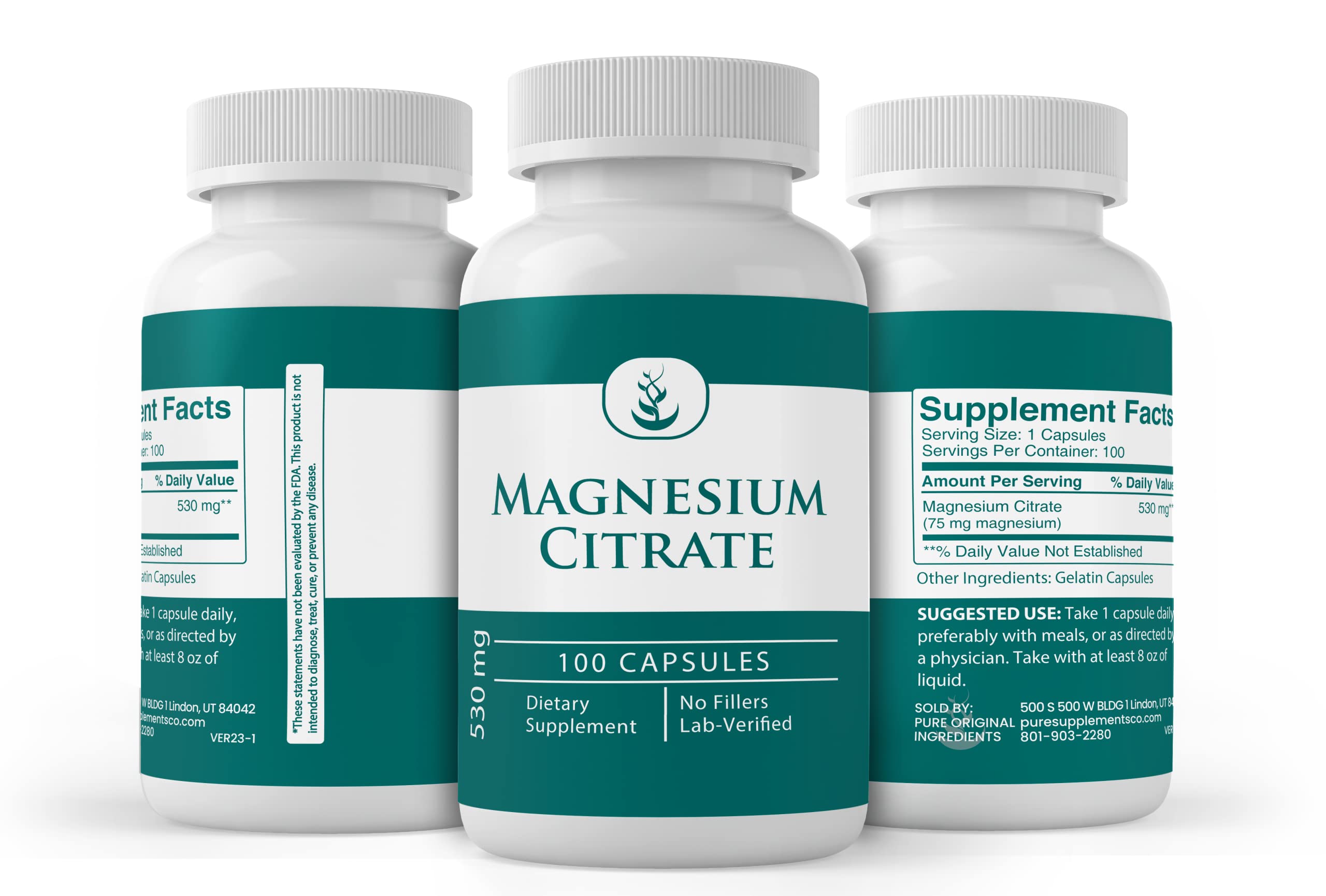 PURE ORIGINAL INGREDIENTS Magnesium Citrate Capsules opened bottle