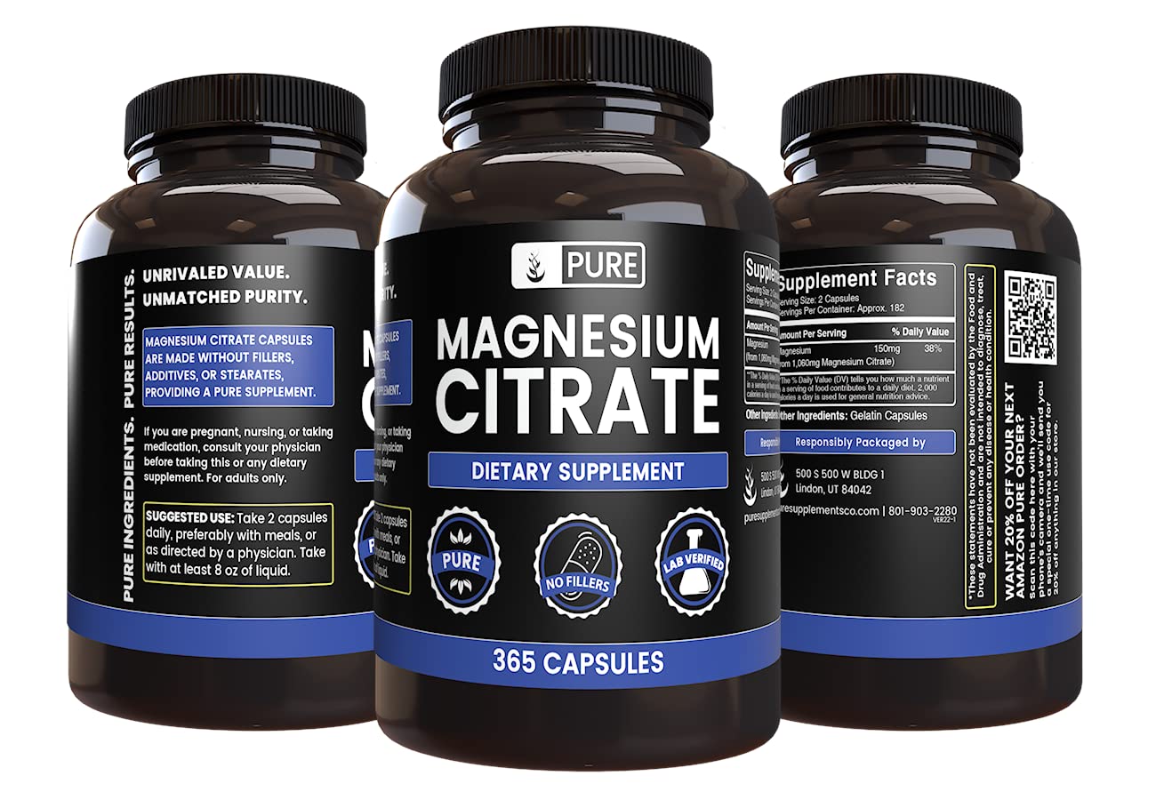 PURE ORIGINAL INGREDIENTS Magnesium Citrate Capsules side view with label