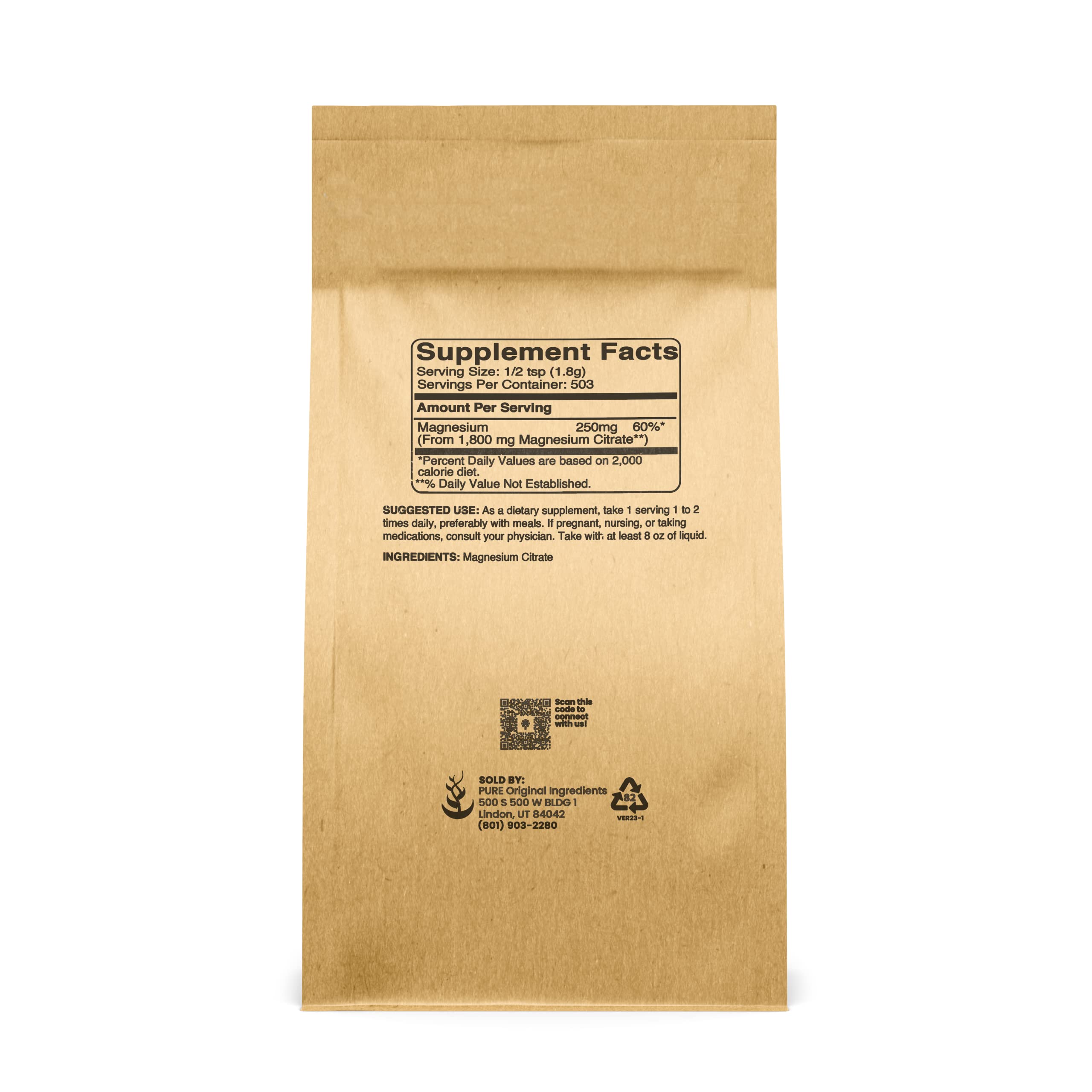 PURE ORIGINAL INGREDIENTS Magnesium Citrate Powder packaging side view