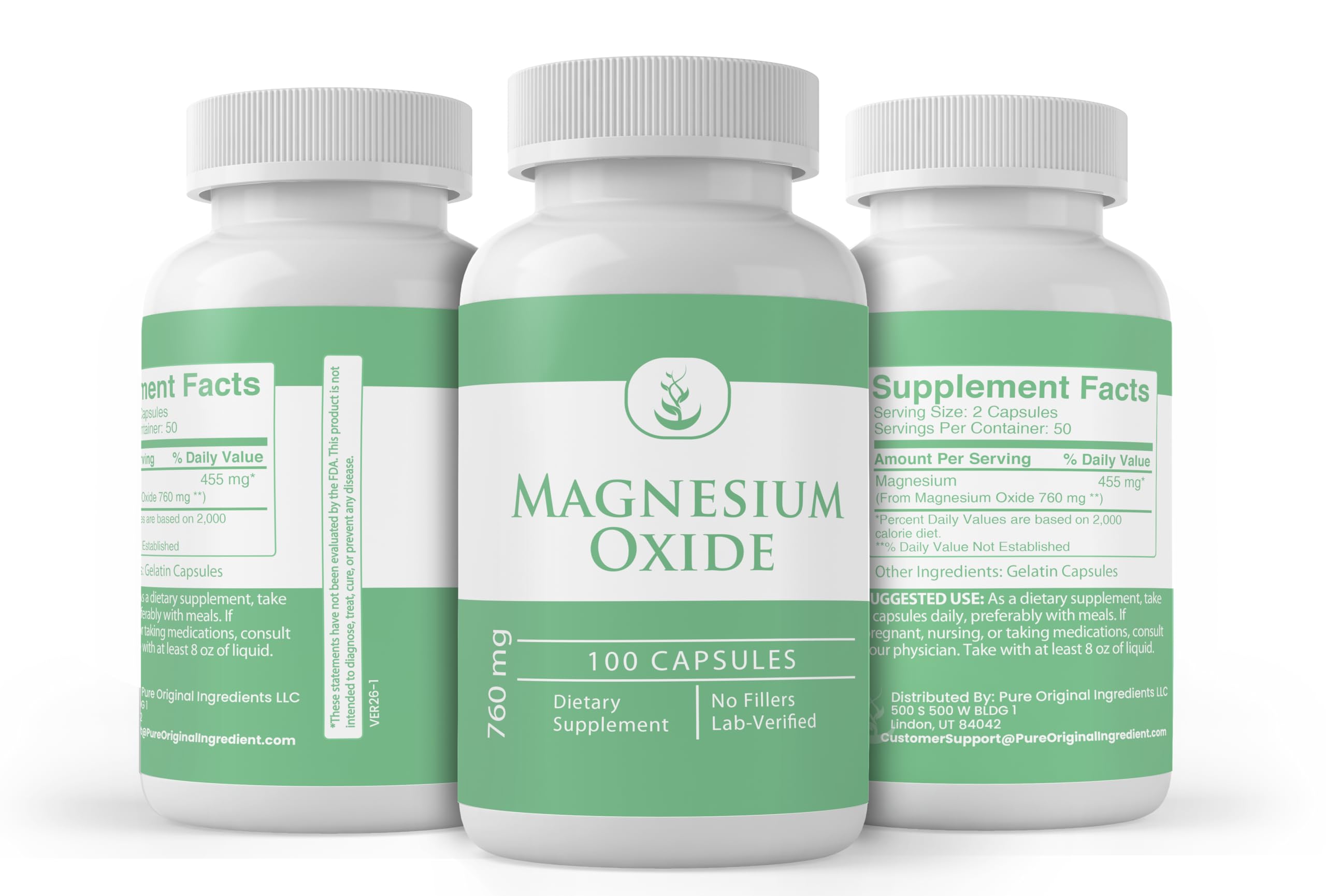 PURE ORIGINAL INGREDIENTS Magnesium Oxide Capsules with label details