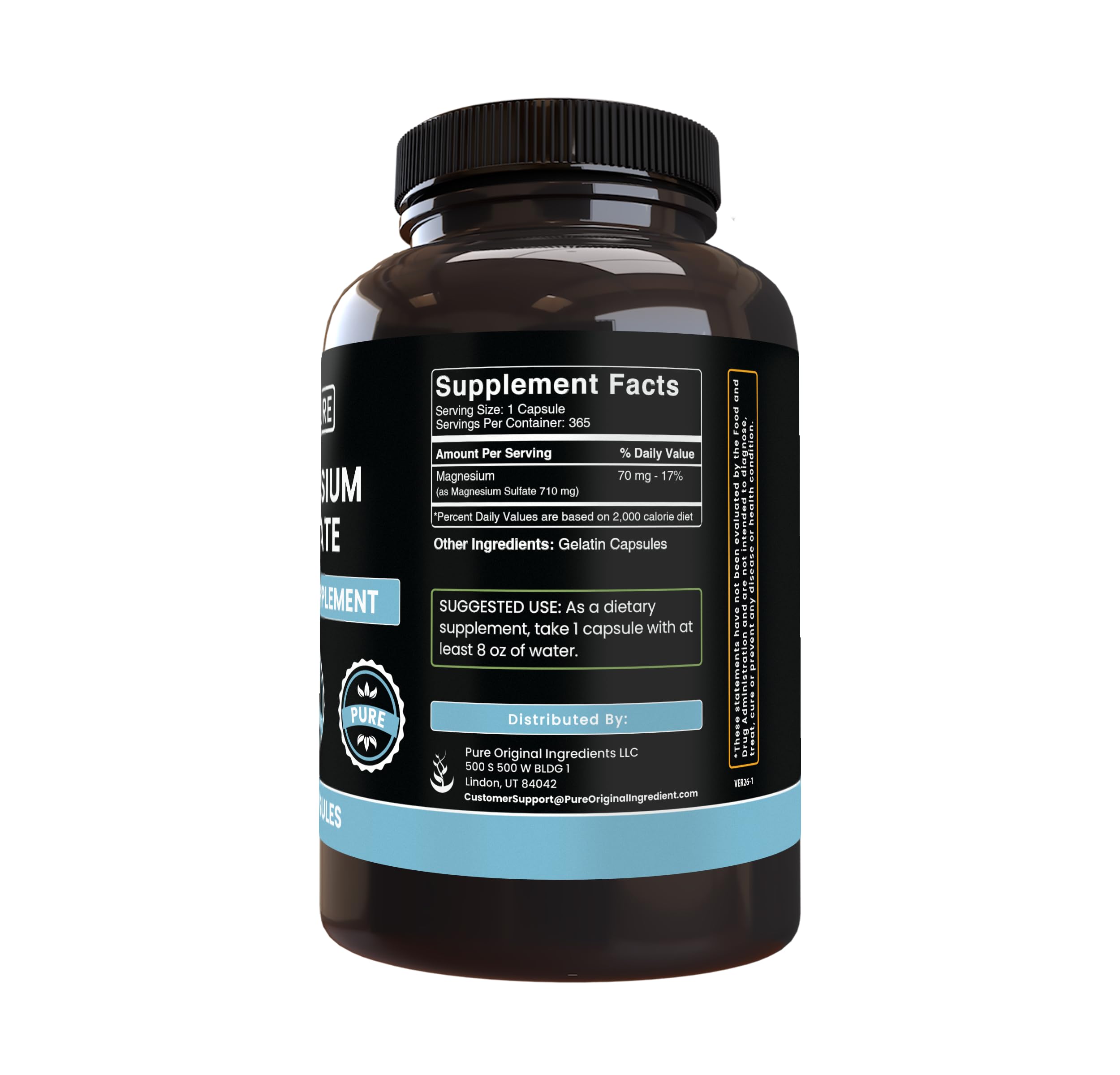 PURE ORIGINAL INGREDIENTS Magnesium Sulfate Capsules side view
