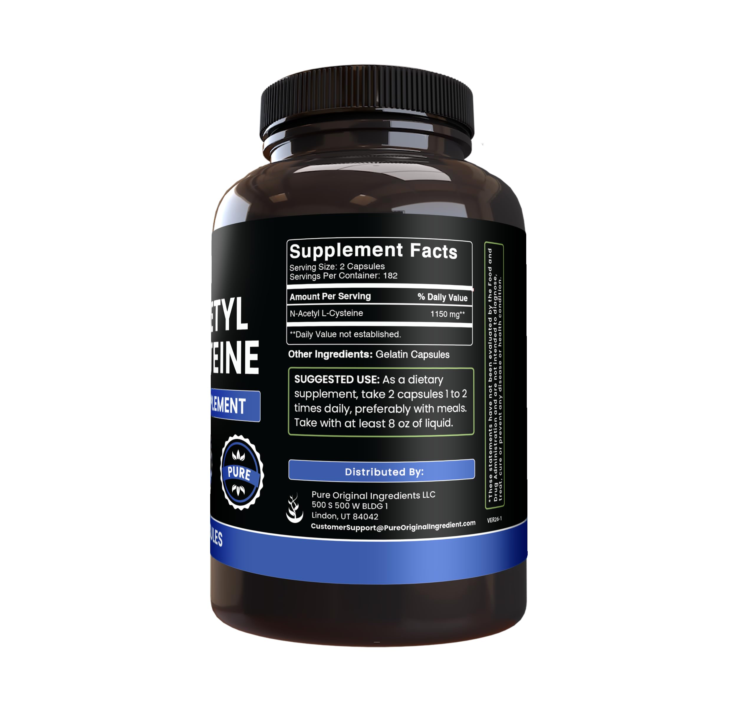 PURE ORIGINAL INGREDIENTS N-Acetyl L-Cysteine Capsules side view