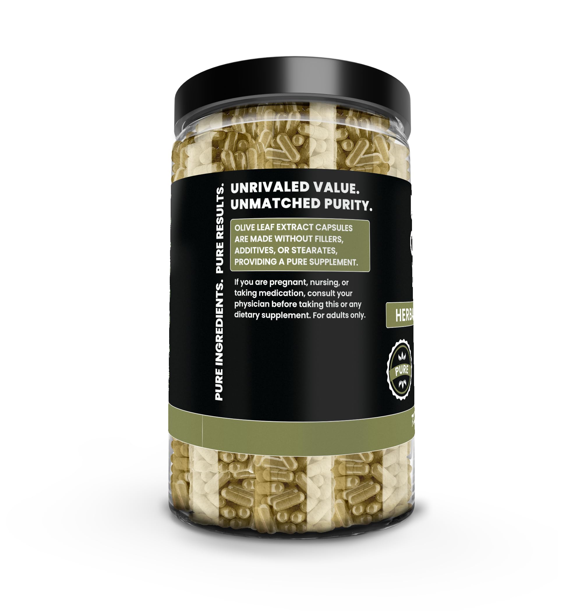 PURE ORIGINAL INGREDIENTS Olive Leaf Capsules showing gelatin capsule