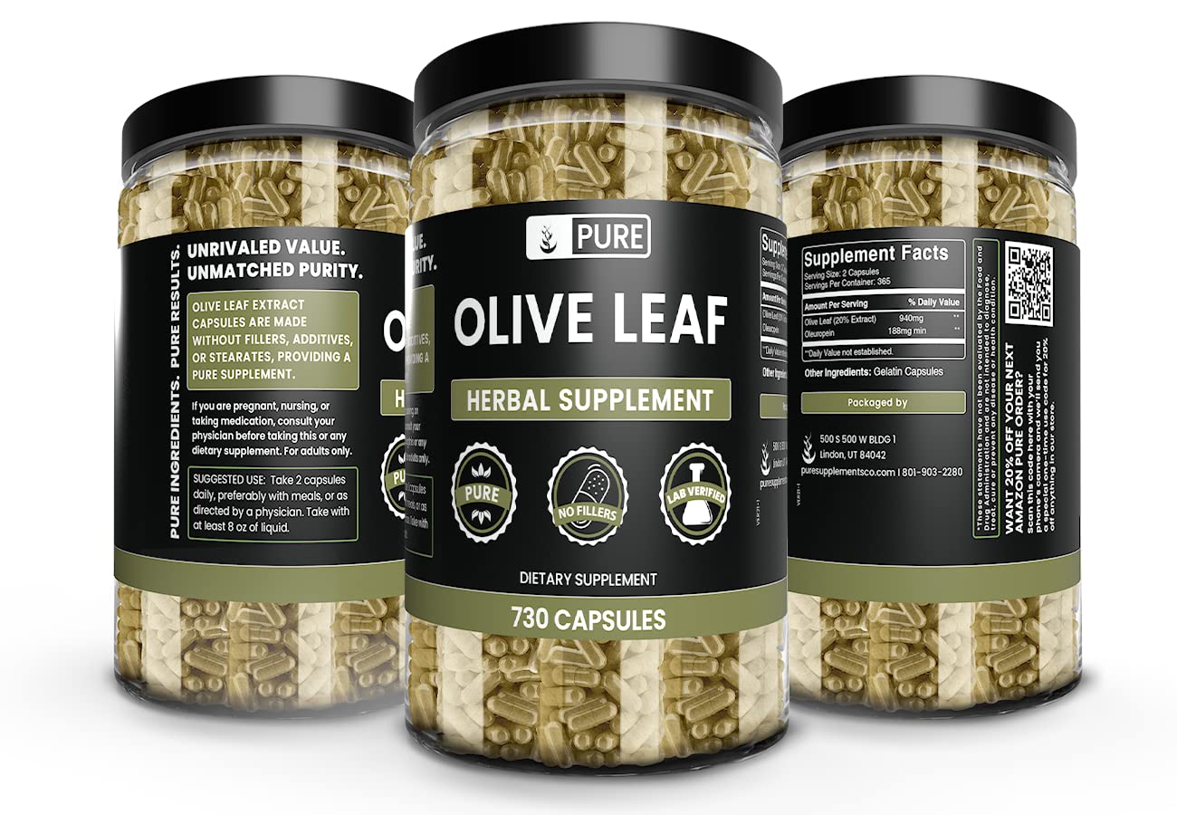 PURE ORIGINAL INGREDIENTS Olive Leaf Capsules with a measuring spoon