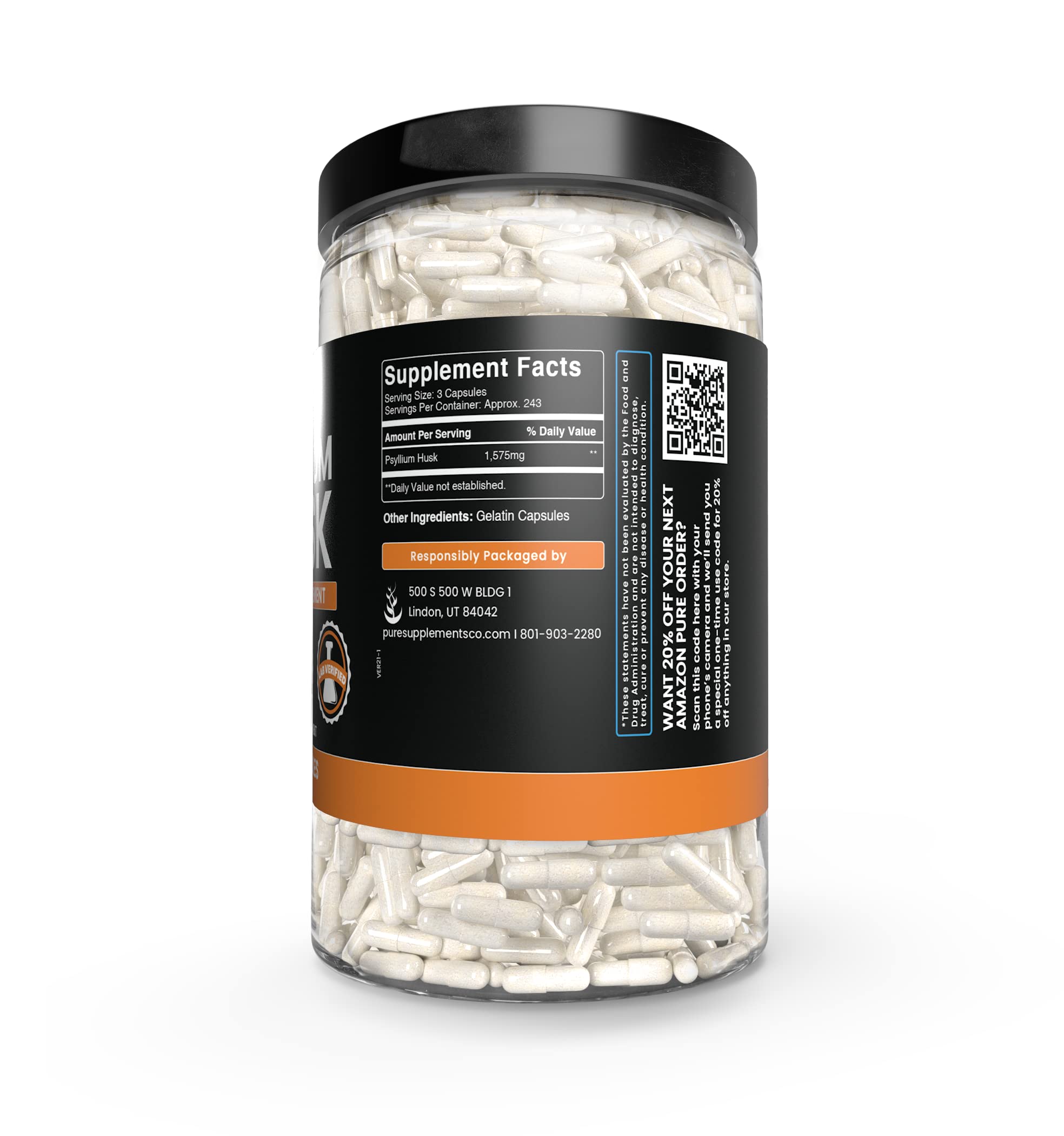 PURE ORIGINAL INGREDIENTS Psyllium Husk Capsules close-up of capsules