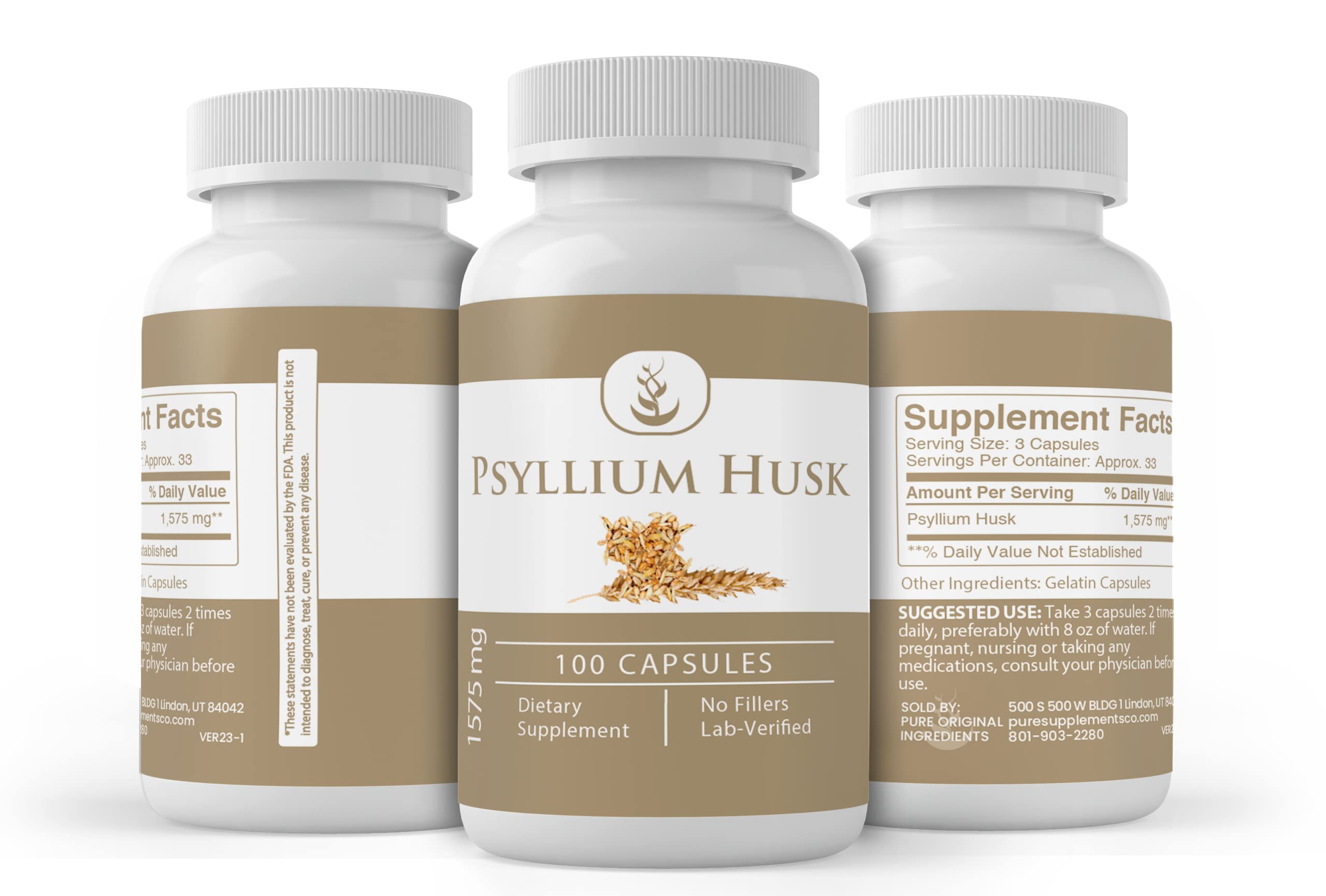 PURE ORIGINAL INGREDIENTS Psyllium Husk Capsules on a wooden table