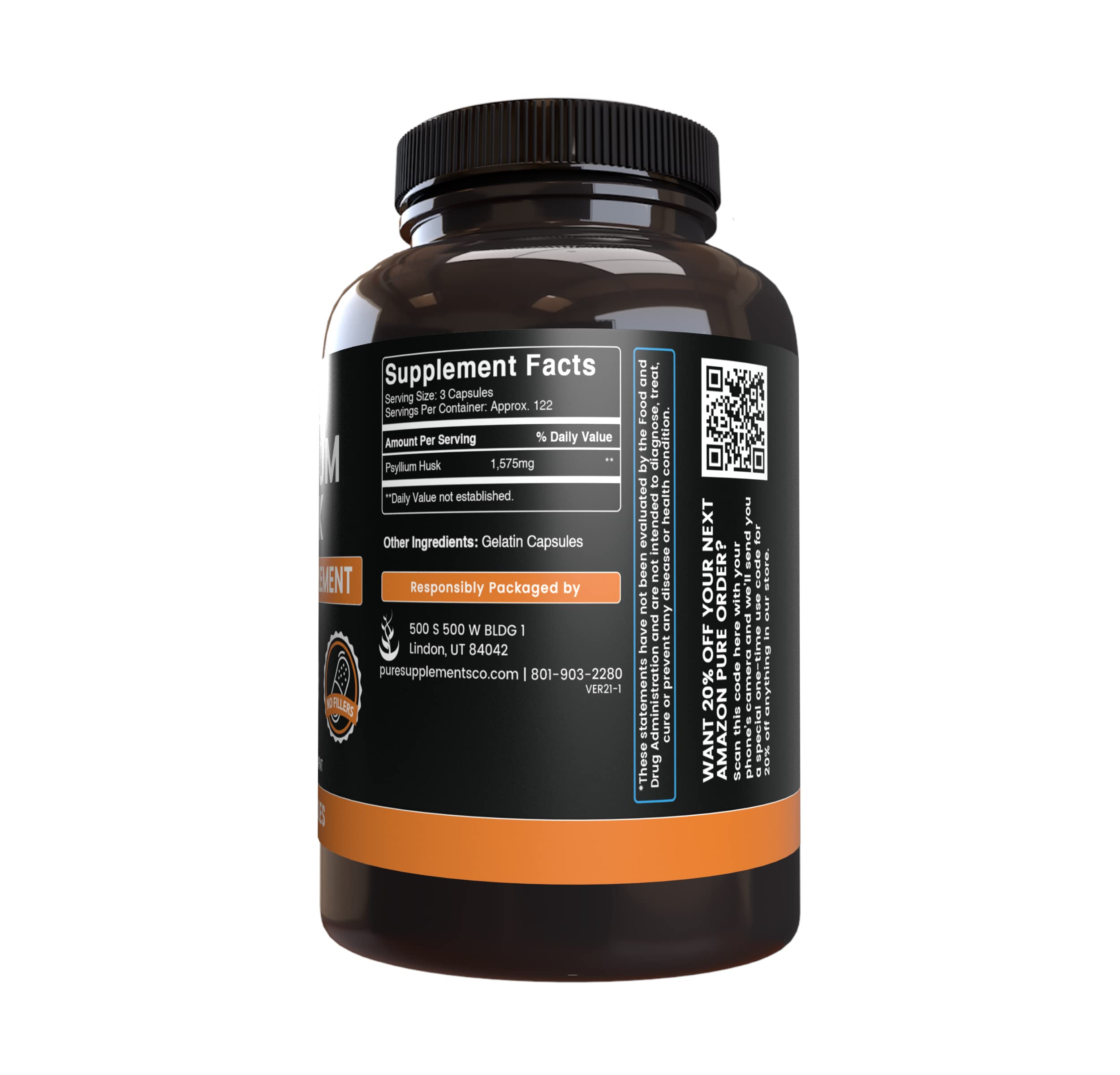 PURE ORIGINAL INGREDIENTS Psyllium Husk Capsules with measuring spoon
