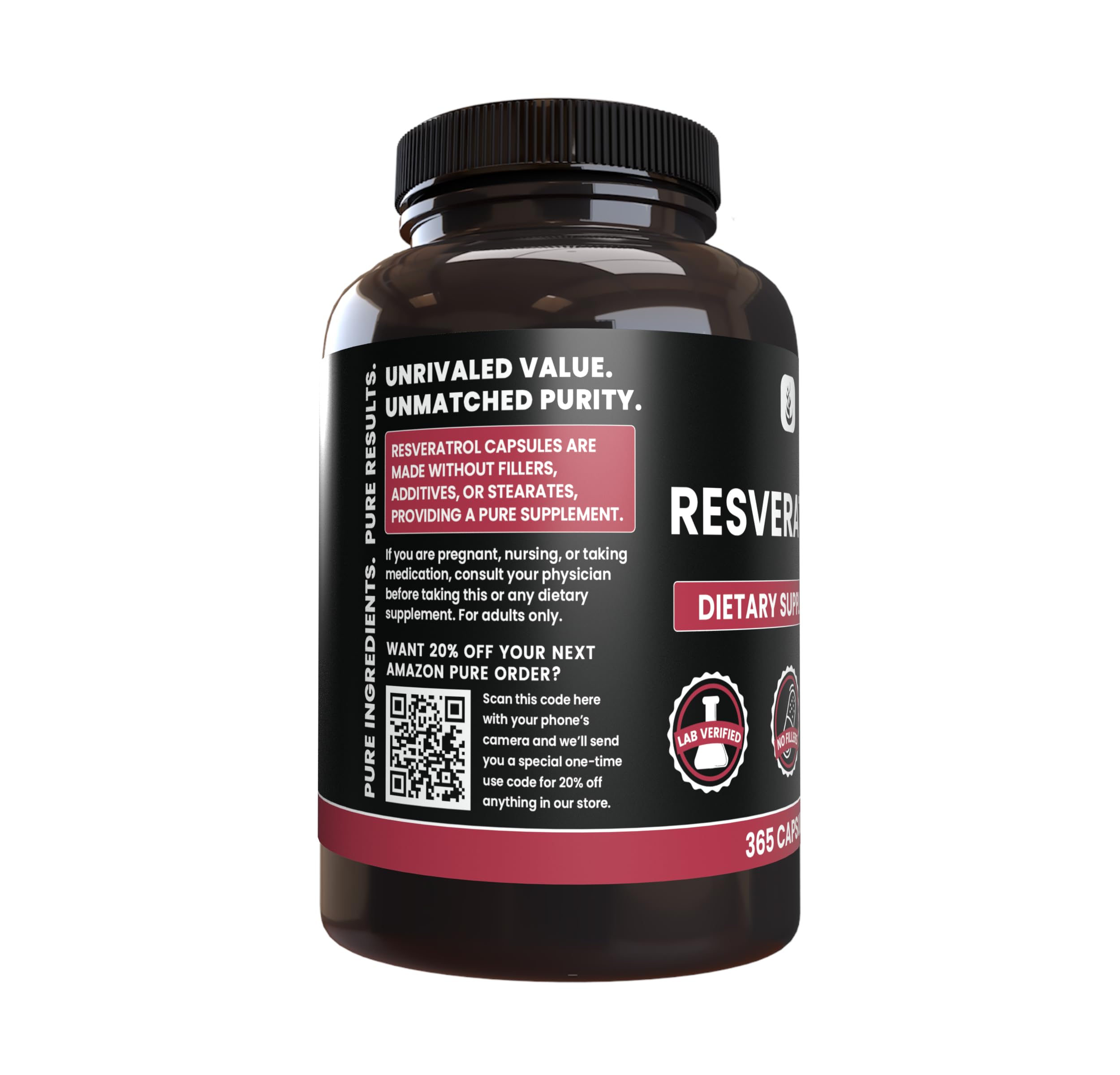 PURE ORIGINAL INGREDIENTS Resveratrol Capsules side view