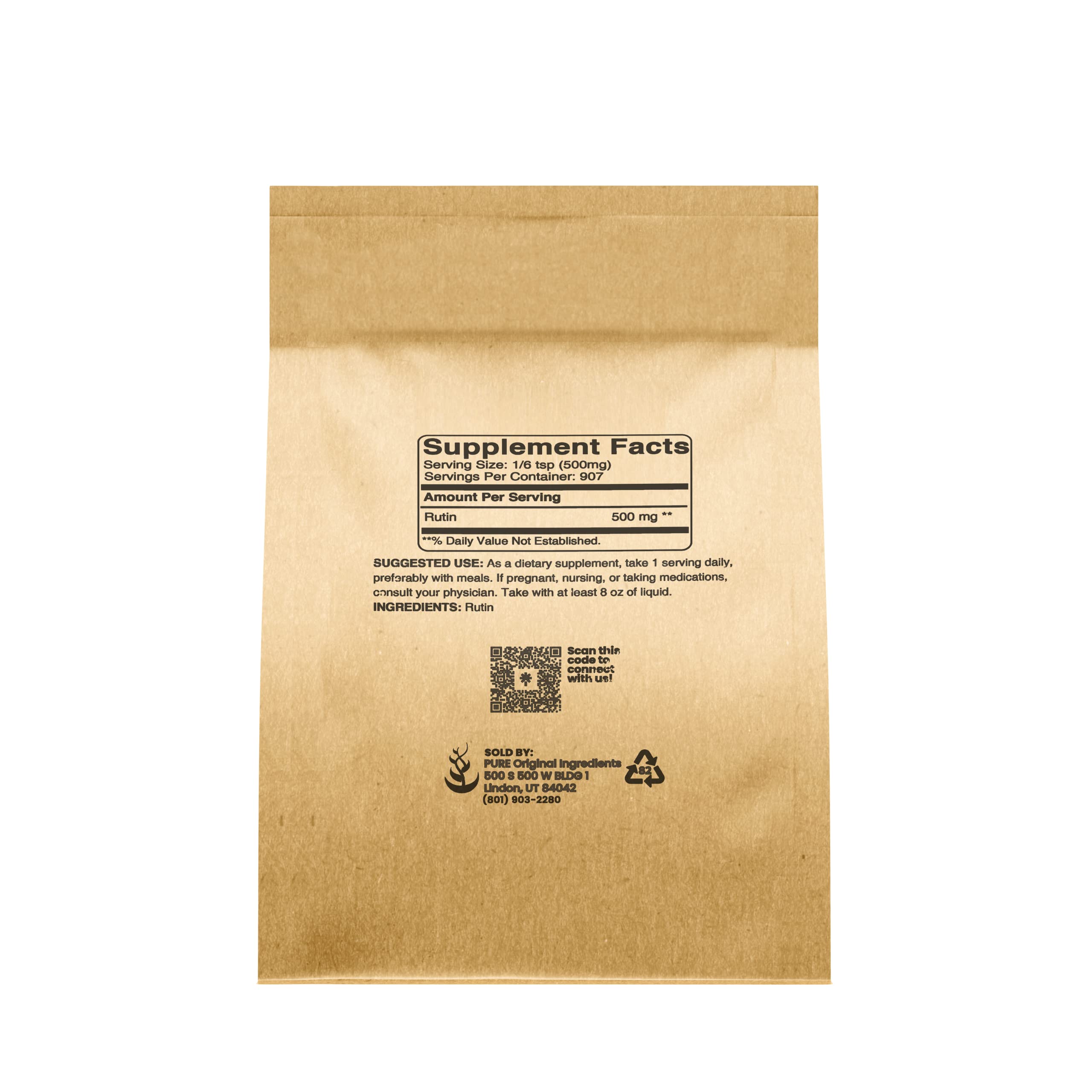 PURE ORIGINAL INGREDIENTS Rutin Supplement side view showing ingredient list
