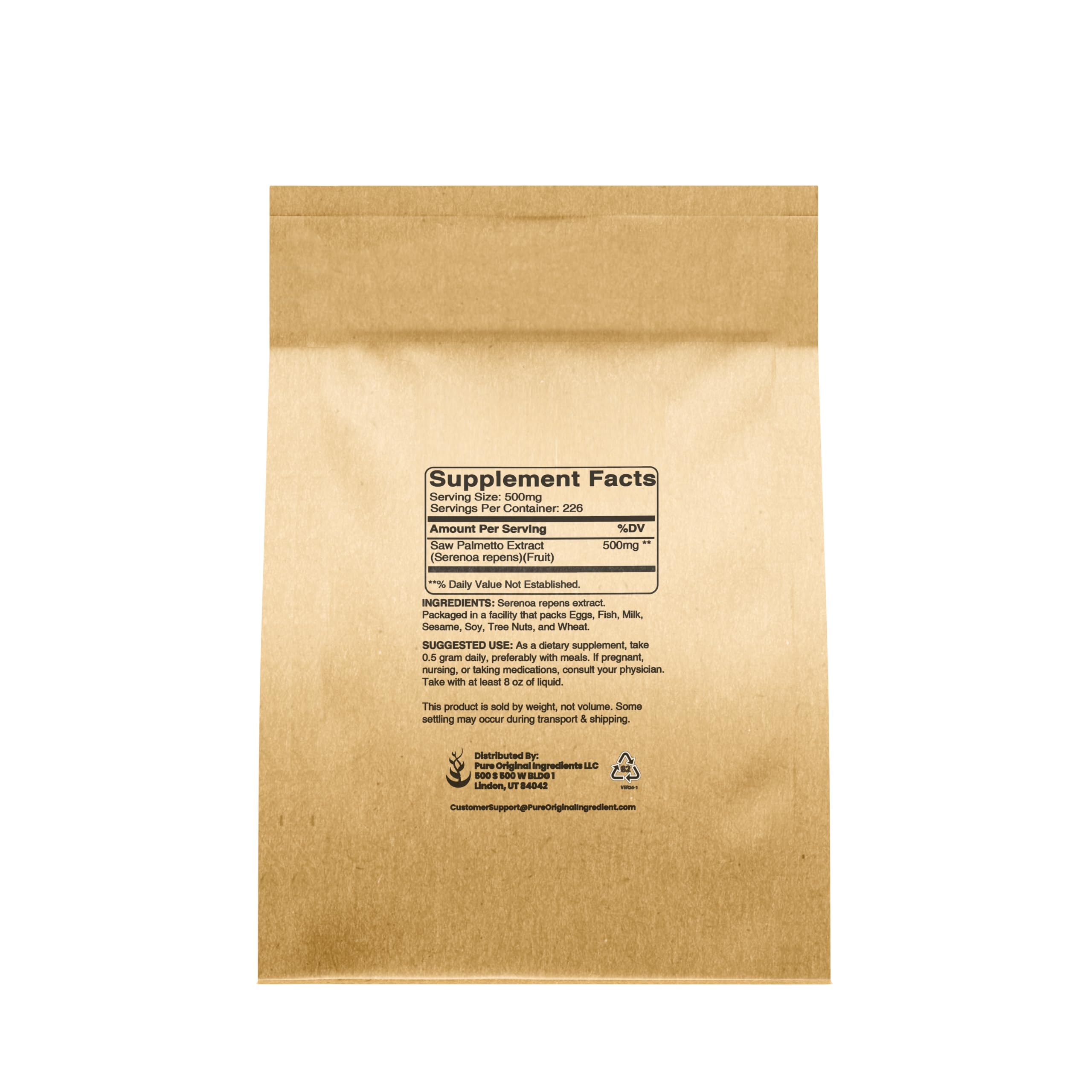 PURE ORIGINAL INGREDIENTS Saw Palmetto Powder side view showing label