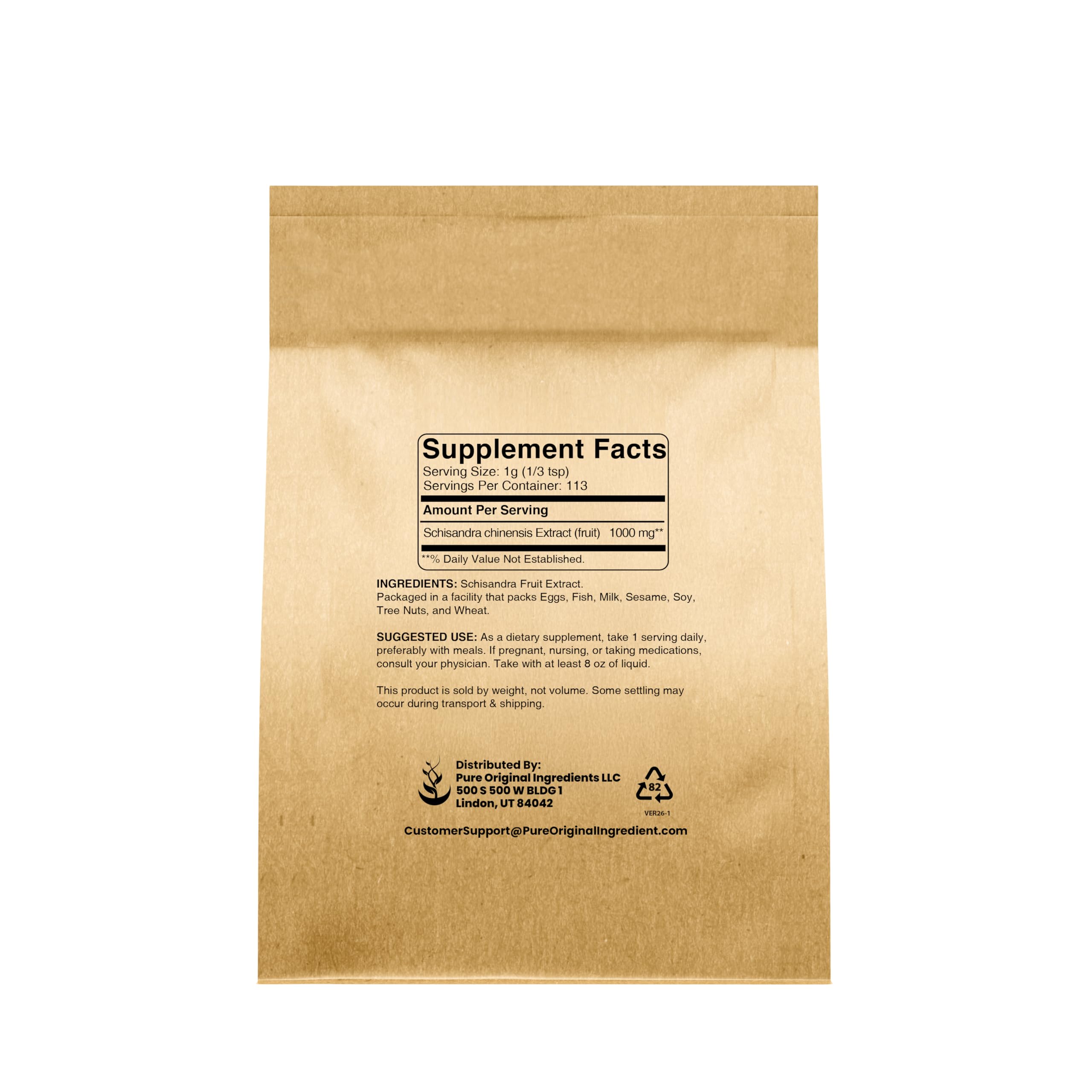PURE ORIGINAL INGREDIENTS Schisandra Extract Powder side view with ingredient list