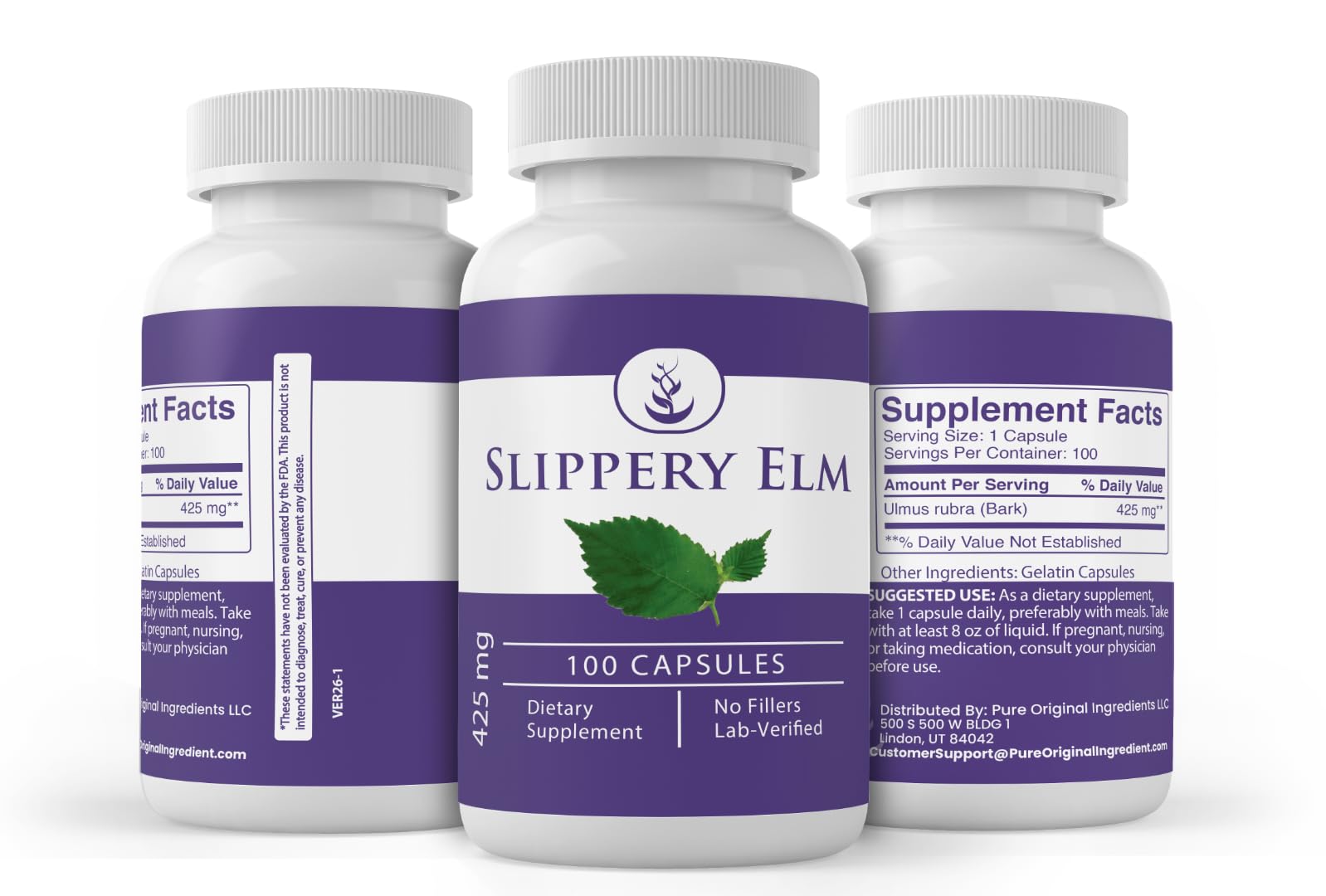 PURE ORIGINAL INGREDIENTS Slippery Elm Capsules on a countertop