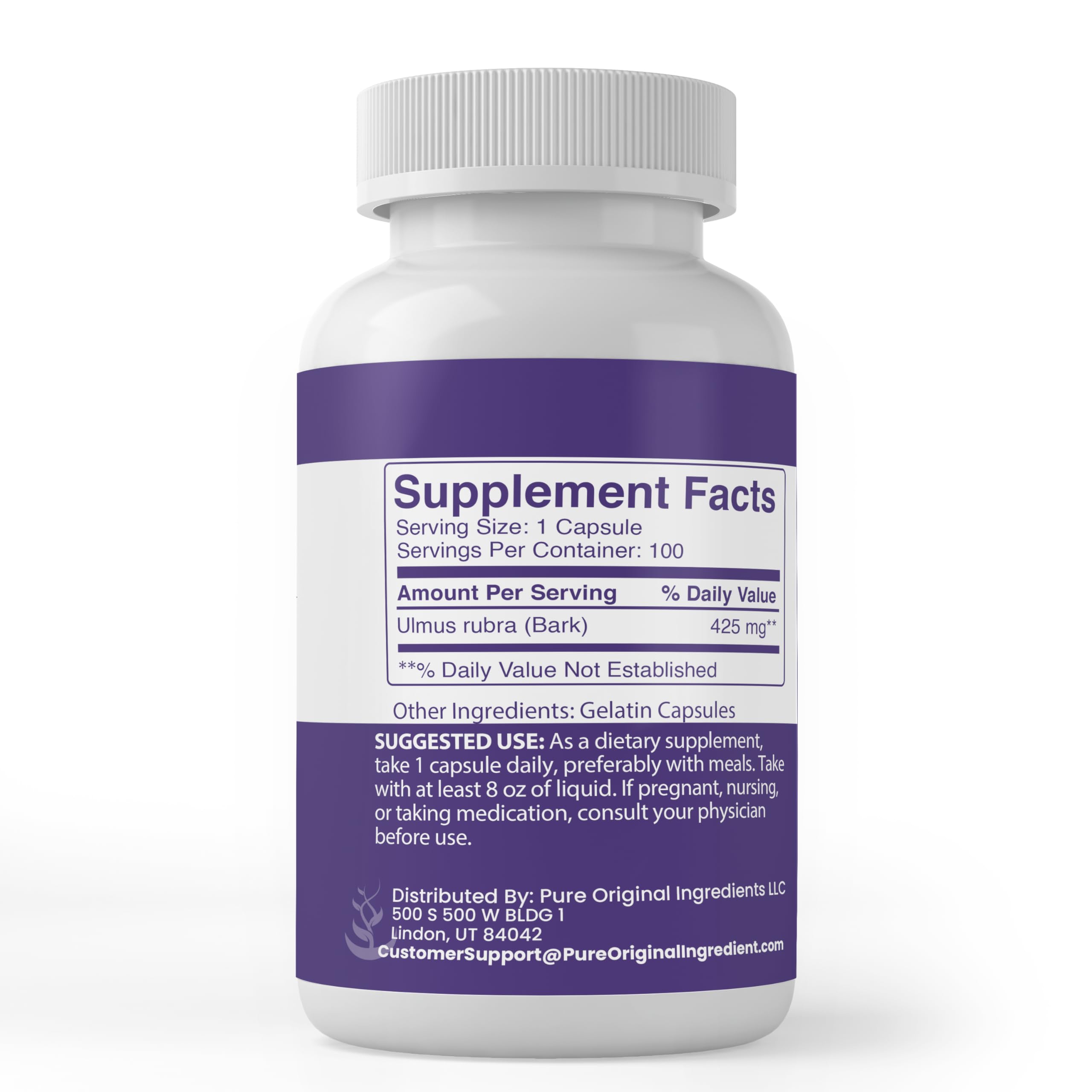 PURE ORIGINAL INGREDIENTS Slippery Elm Capsules side view